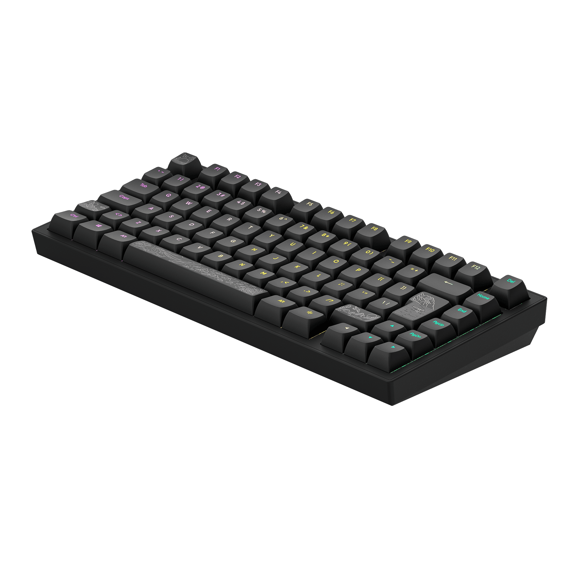 Eine schwarze mechanische Tastatur mit verschiedenfarbigen Tasten. Die Tastatur befindet sich auf einer schwarzen Oberfläche.
