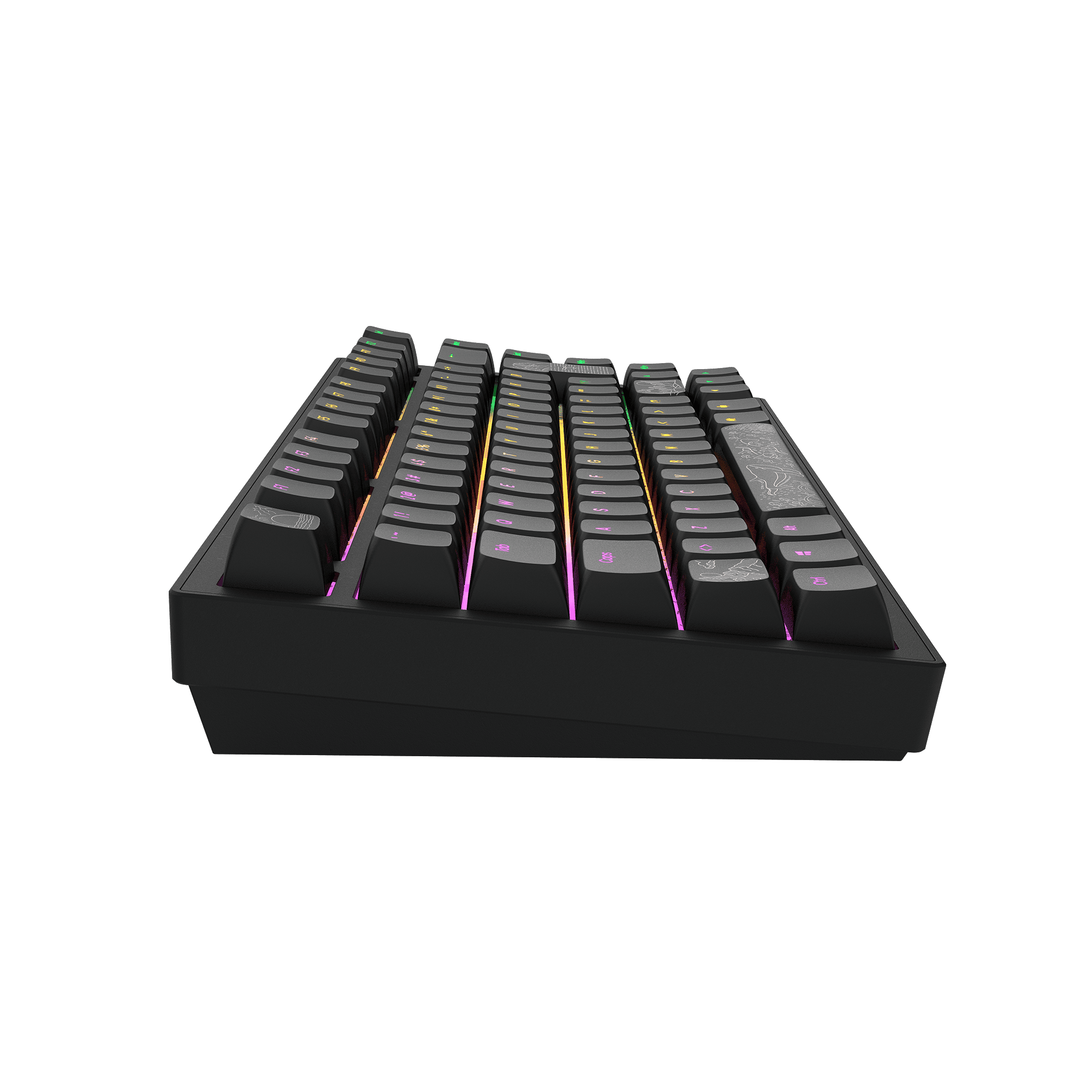 Eine schwarze Tastatur mit farbigen Tasten. Sie ist abgewinkelt und zeigt die Seite und die Tasten.