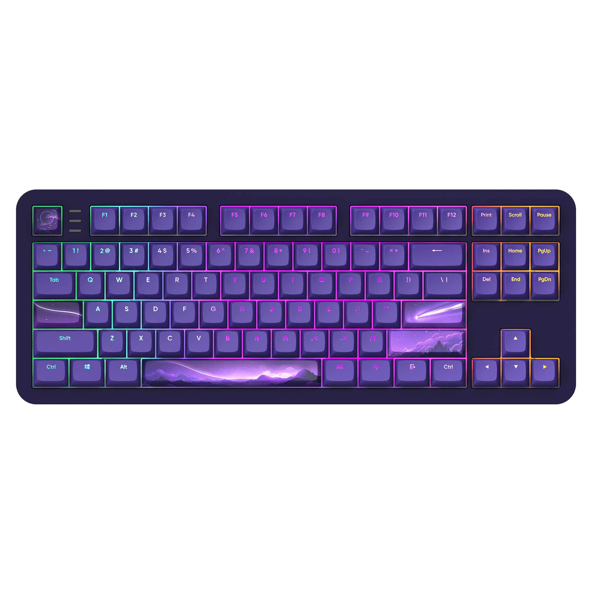 Eine lila Tastatur mit Landschaftsdesign auf der Leertaste und einer Berglandschaft in der untersten Reihe.