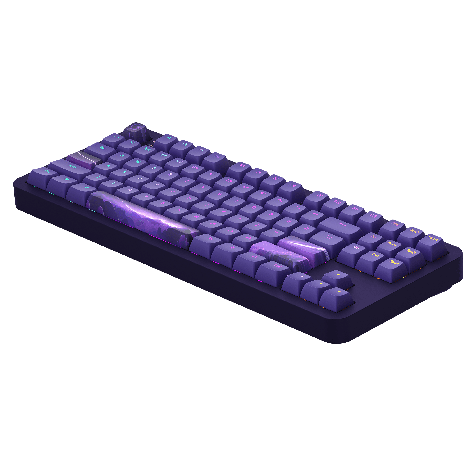 Lila mechanische Tastatur mit Tastenkappen und schwarzer Basis auf dunklem Hintergrund.