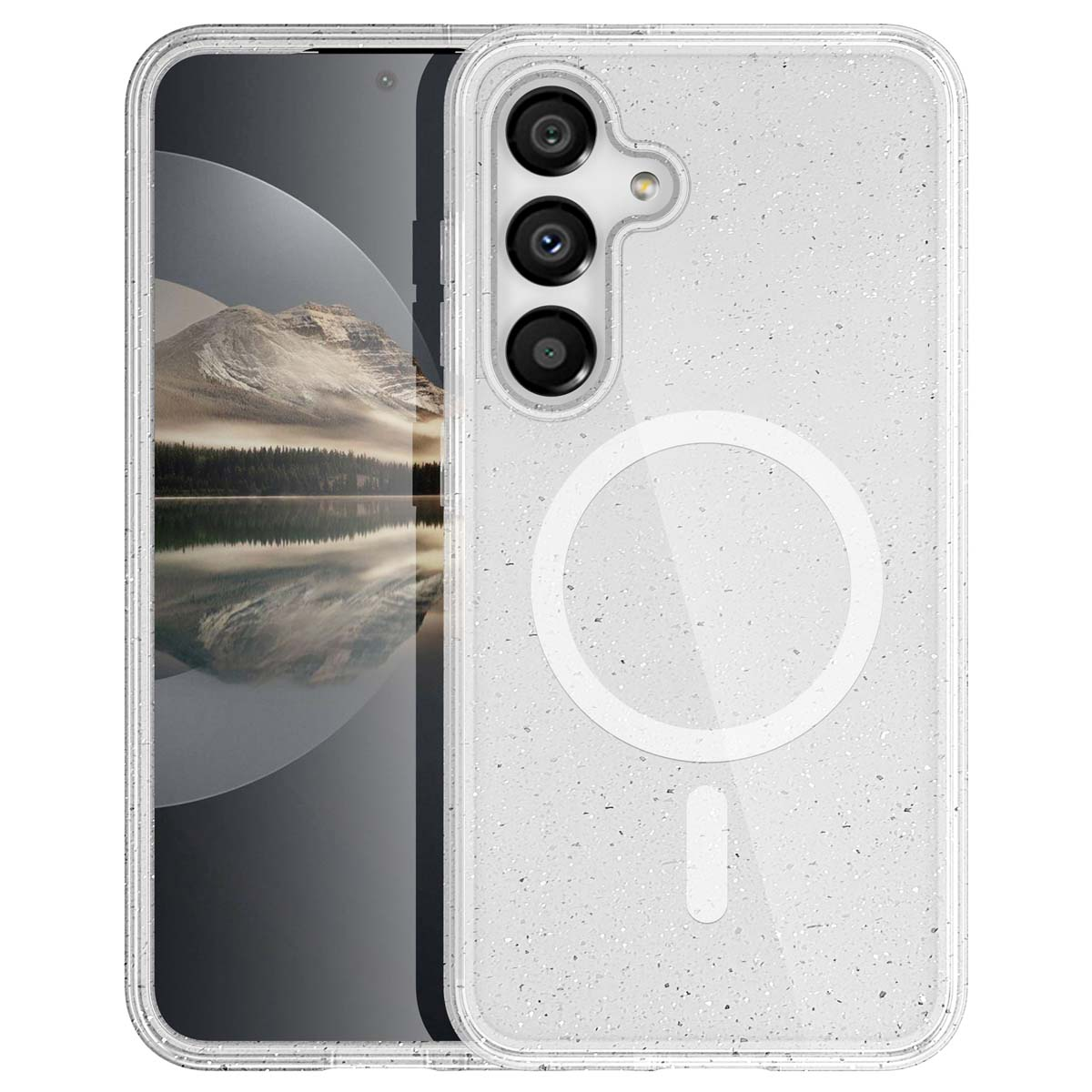 Transparante telefoonhoes over een telefoon met een meer.