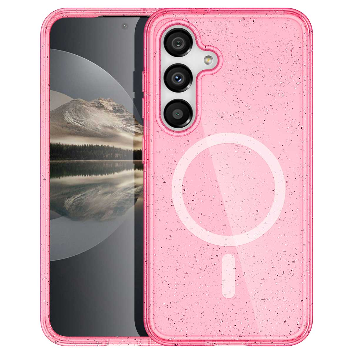 Roze telefoonhoesje met doorzichtige achterkant en cirkel voor draadloos opladen.