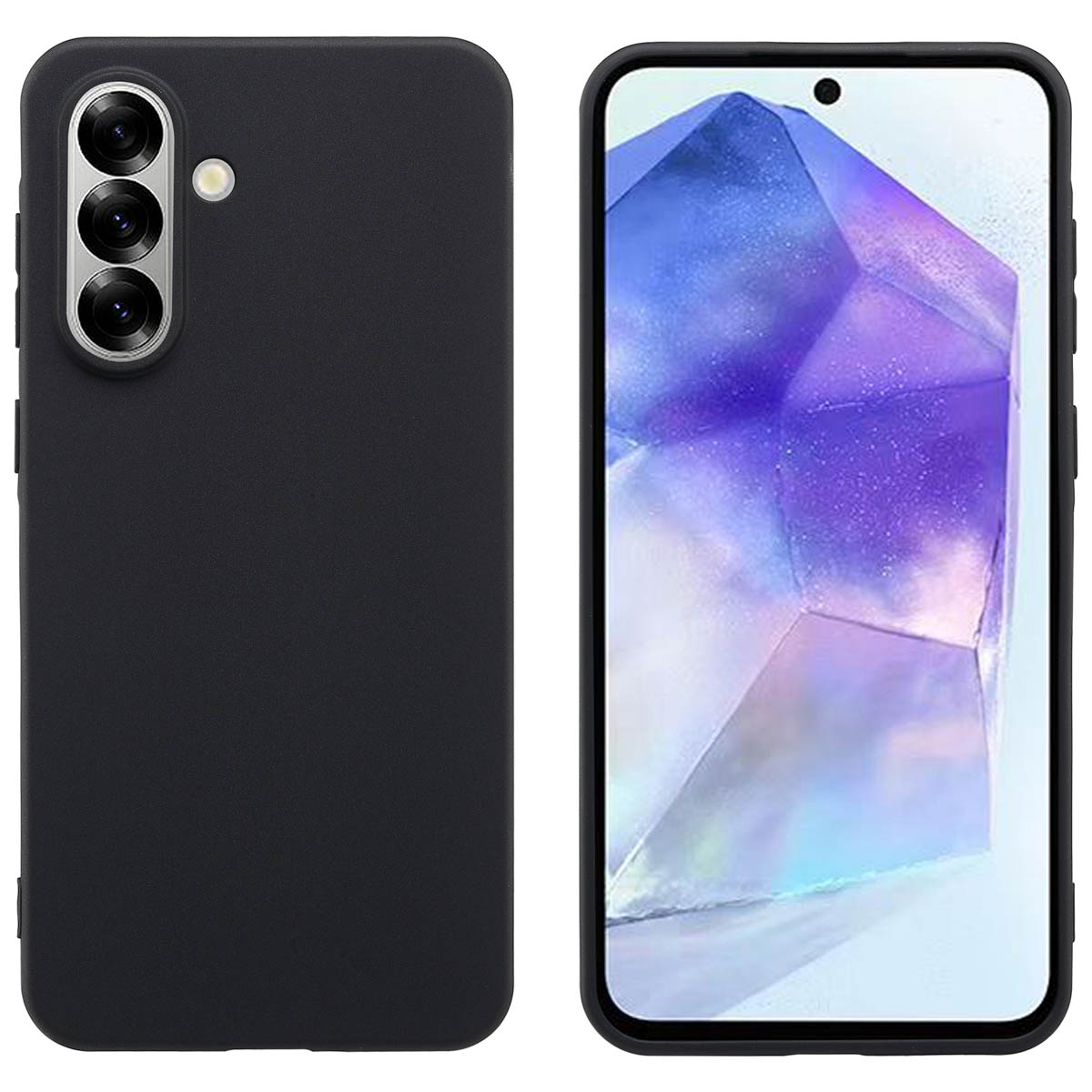 Coque de téléphone noire et téléphone avec écran affichant un design. Coque avec trois lentilles.