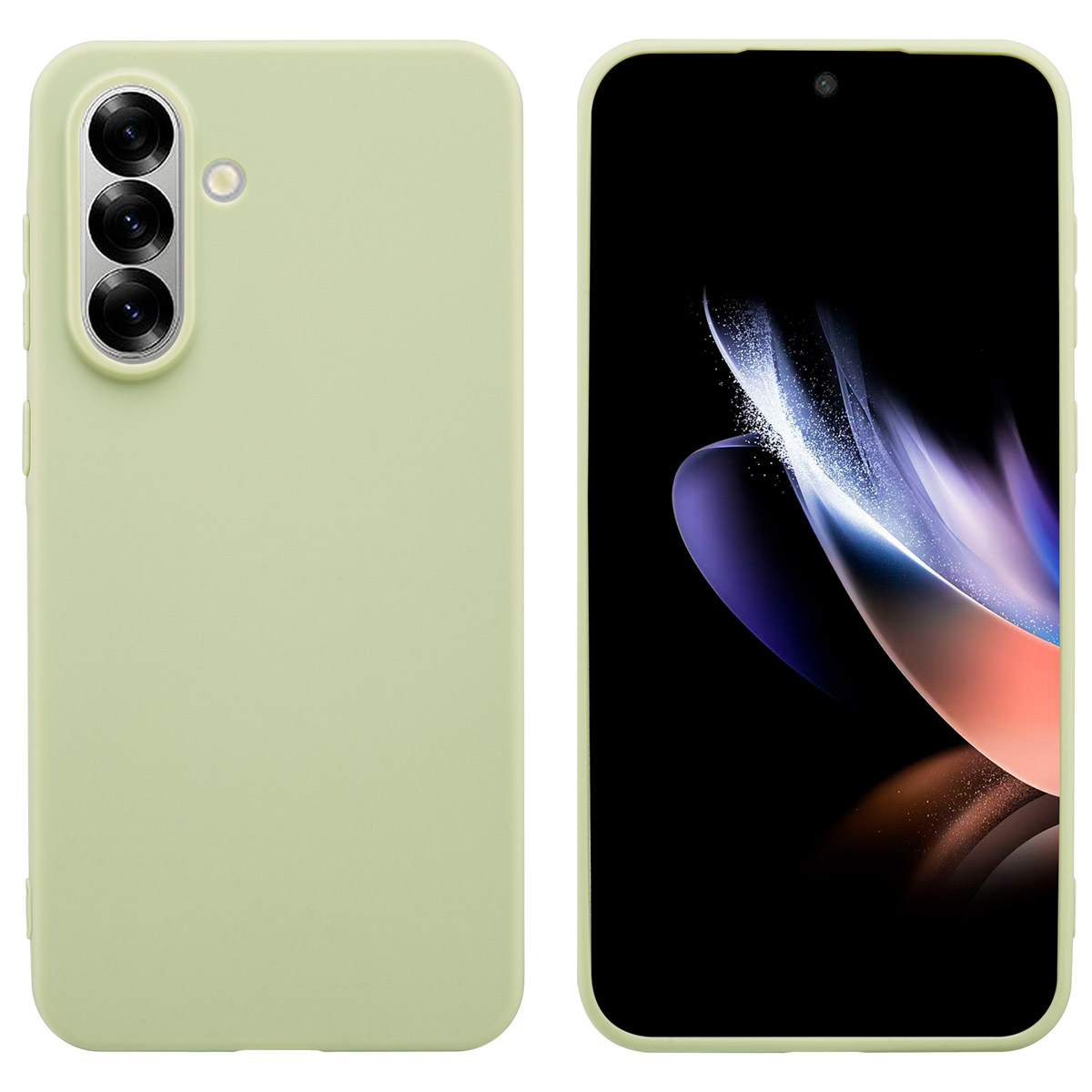 Un téléphone, étui à gauche, écran à droite. Le téléphone est vert clair et l'écran est allumé.
