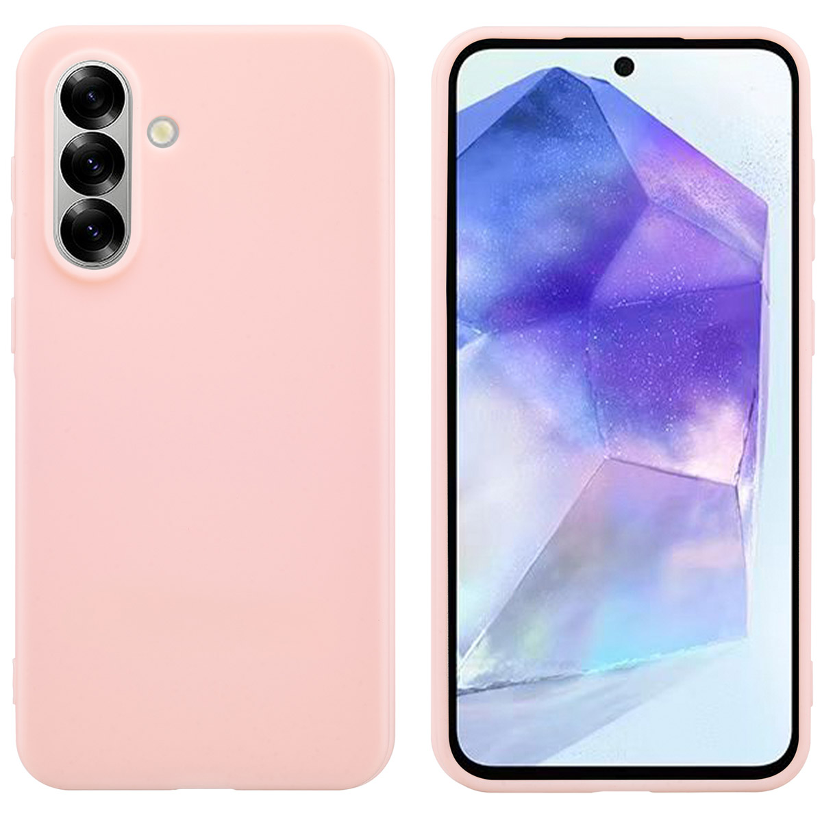 Roze telefoonhoesje en telefoon. De telefoon toont een kleurrijke afbeelding. De hoes heeft drie camera's.