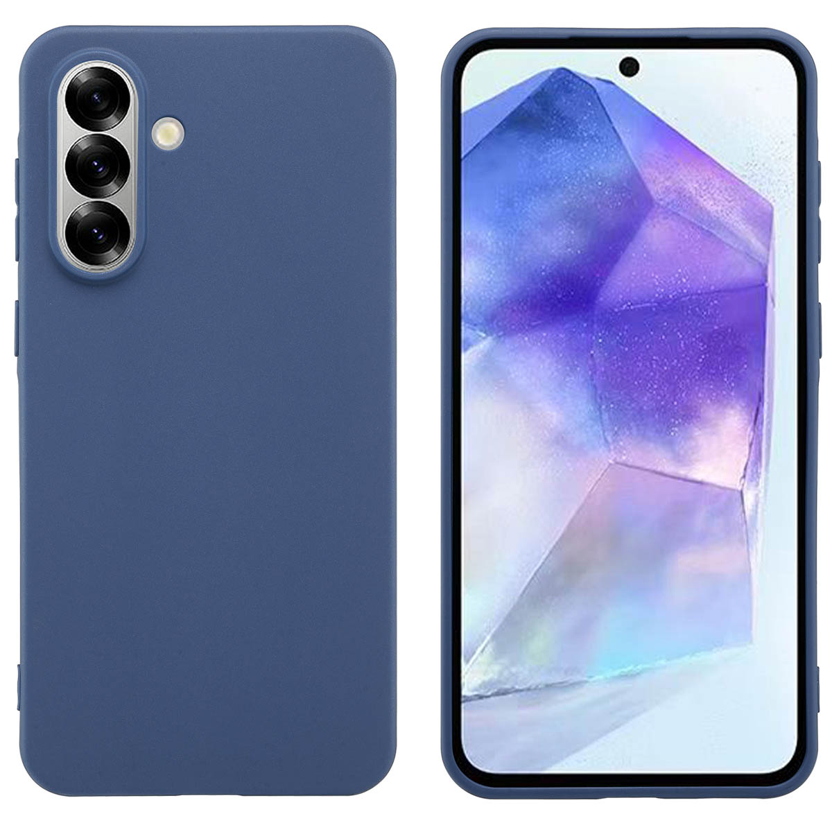 Twee blauwe telefoonhoesjes. De linker toont de achterkant met camera. De rechter toont het scherm.