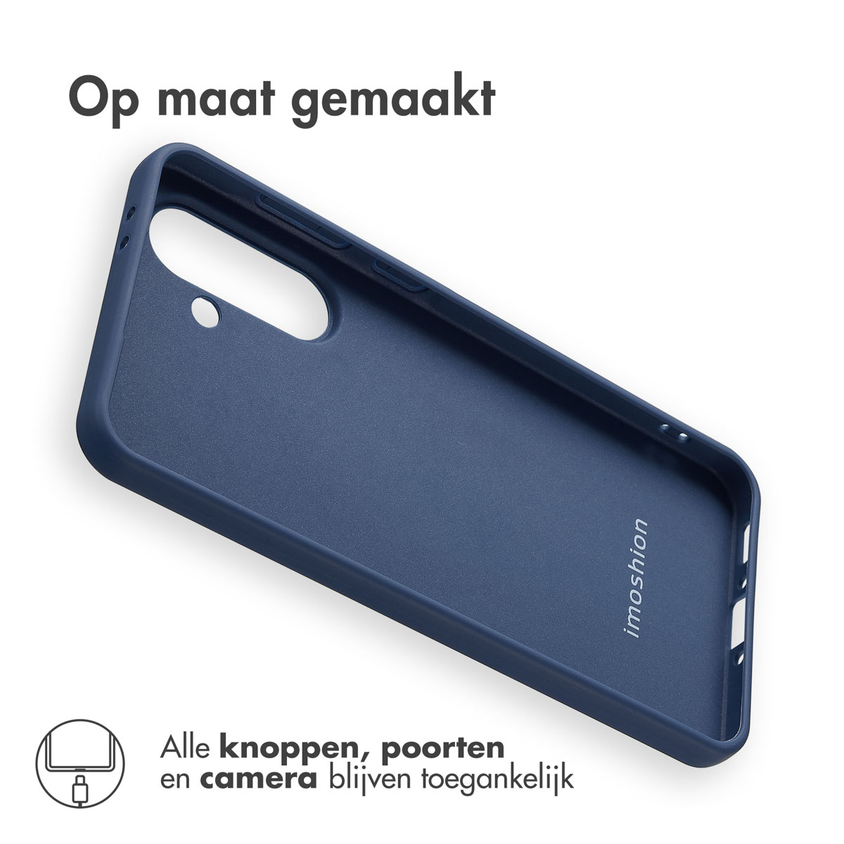 Blauw telefoonhoesje met de tekst 'imoshion' en 'Alle knoppen, poorten en camera blijven toegankelijk'.