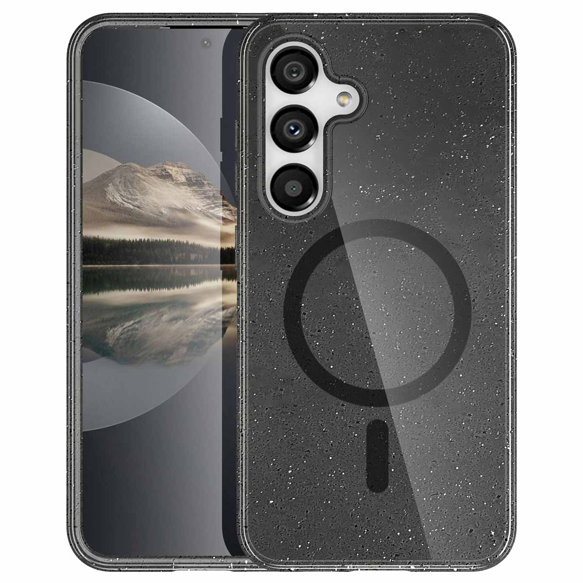 Een zwarte, gespikkelde telefoonhoes met een cirkel. De telefoon heeft drie camera's en toont een landschap.