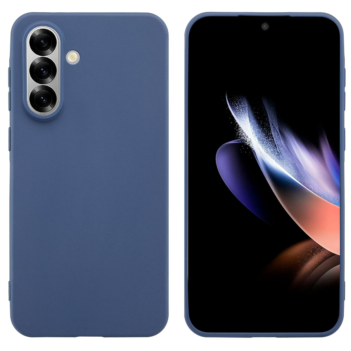 Un étui de téléphone bleu et un téléphone, l'écran du téléphone est visible. Le téléphone a une caméra.