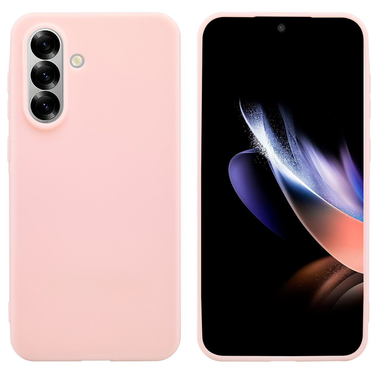 Une coque de téléphone rose clair à côté d'un téléphone affichant un écran noir, légèrement incliné. Les deux sur fond blanc.