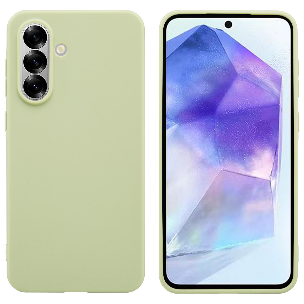 Twee smartphone-weergaven. Eén met een hoesje, één met een scherm, beide lichtgroen.