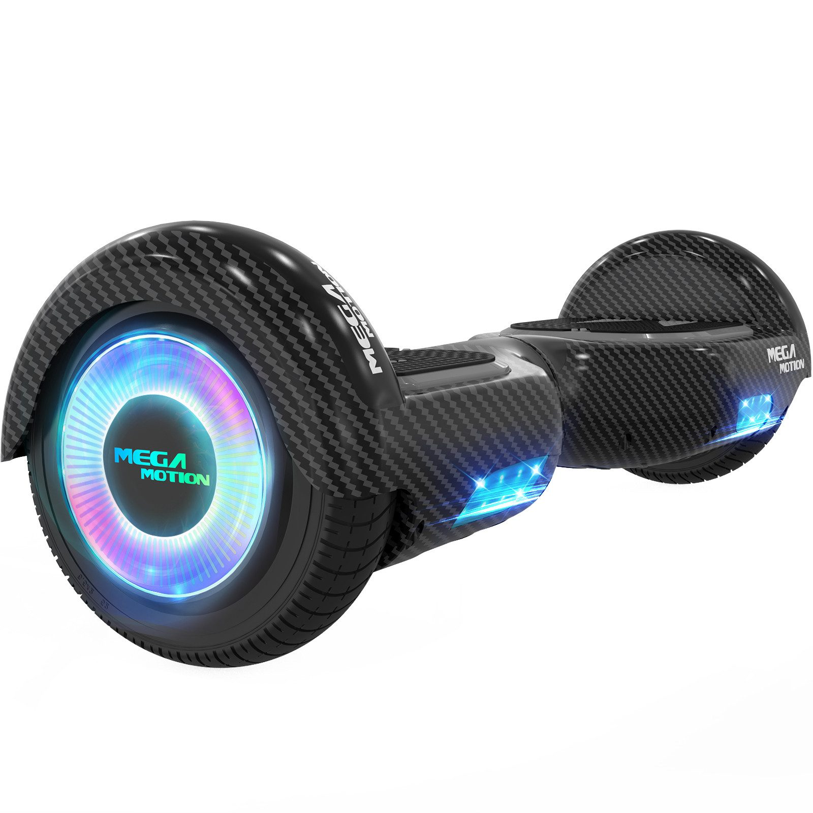 Hoverboard nero con luci ad anello blu e colorate e trama in fibra di carbonio.