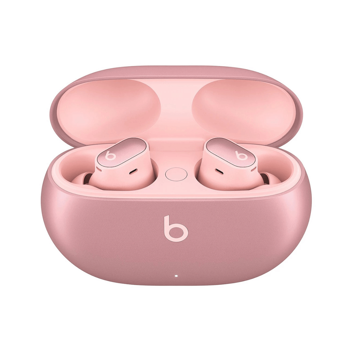 Różowe słuchawki w różowym etui ładującym. Etui jest otwarte, pokazując słuchawki.