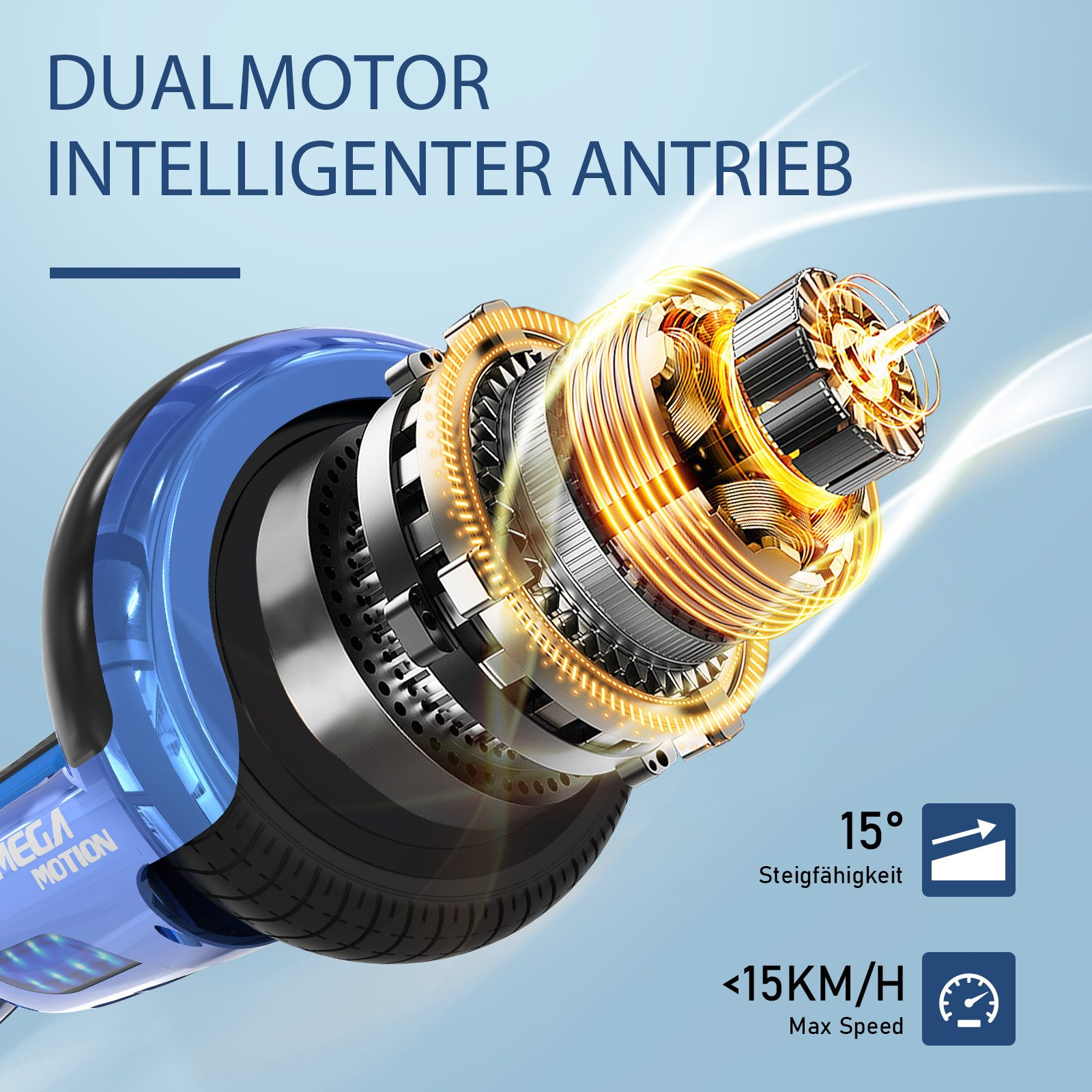 Ein blaues Hoverboard mit dem Text "DUALMOTOR INTELLIGENTER ANTRIEB" und Geschwindigkeits-/Steigungsinformationen.