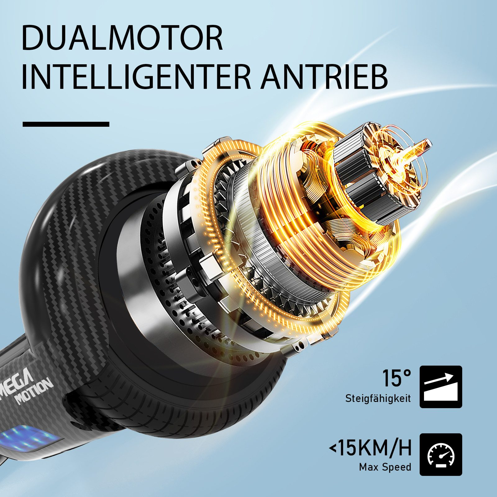 Nahaufnahme eines Motors mit Text über Doppelmotor und Geschwindigkeit.