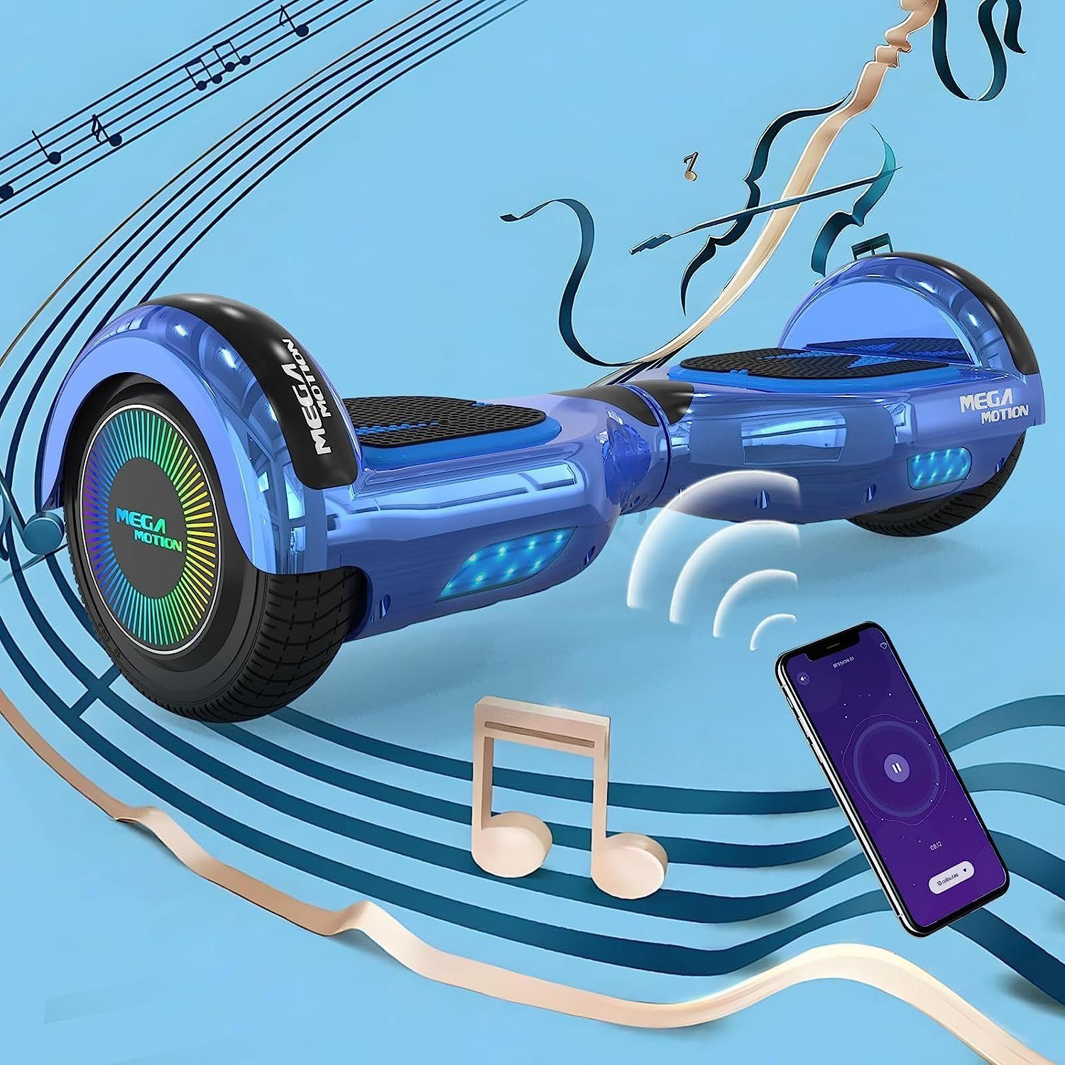 Blaues Hoverboard mit Noten und Handy mit App, auf blauem Hintergrund.
