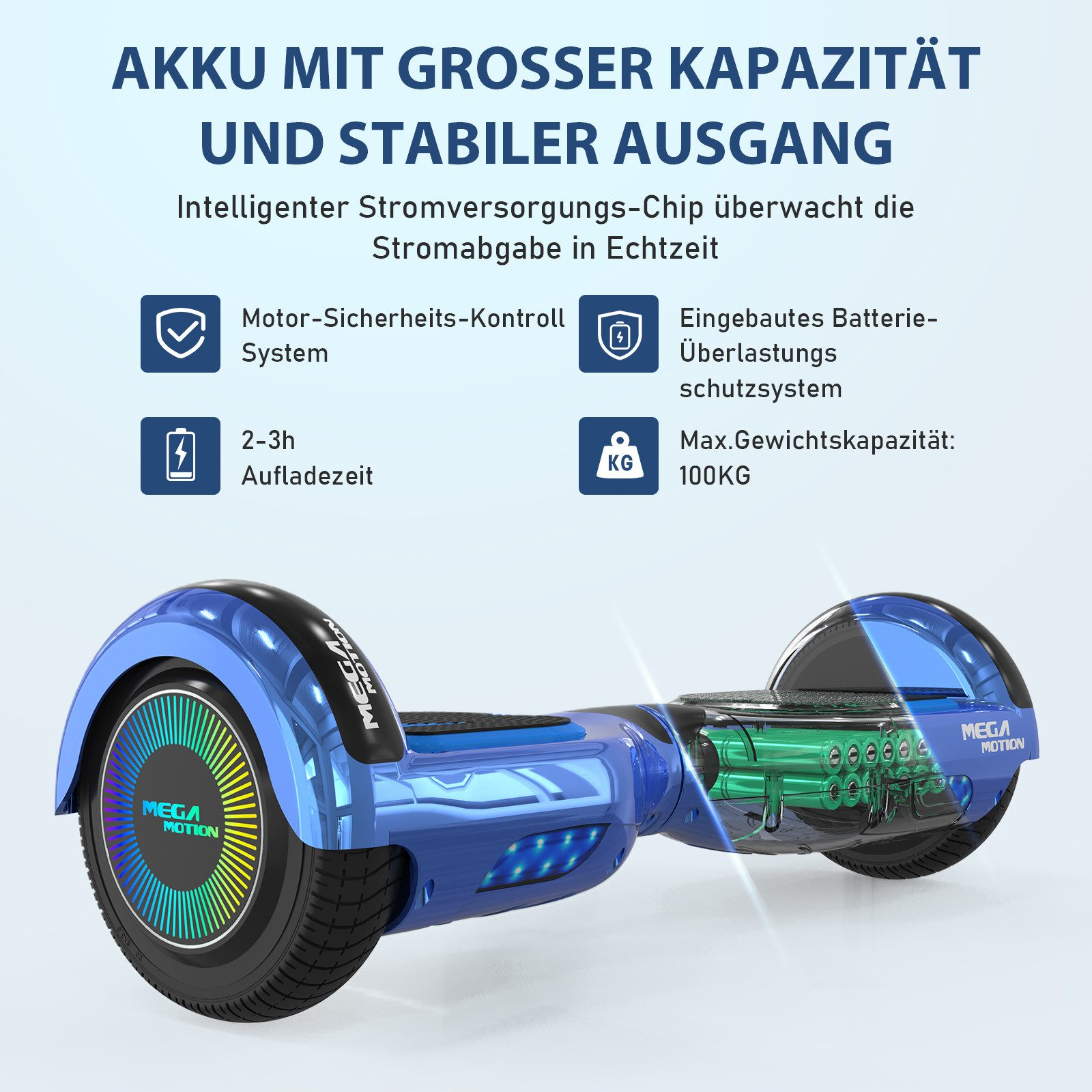Blaues Hoverboard mit Neonlicht an den Seiten. Texte auf der Oberseite sind auf Deutsch.