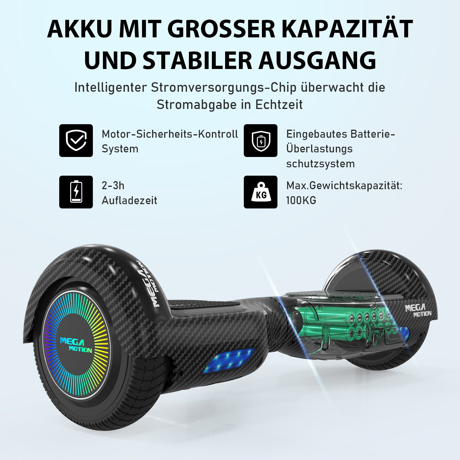 Hoverboard mit Details zu Batterie und Motorsteuerung, deutscher Text beschreibt Eigenschaften.
