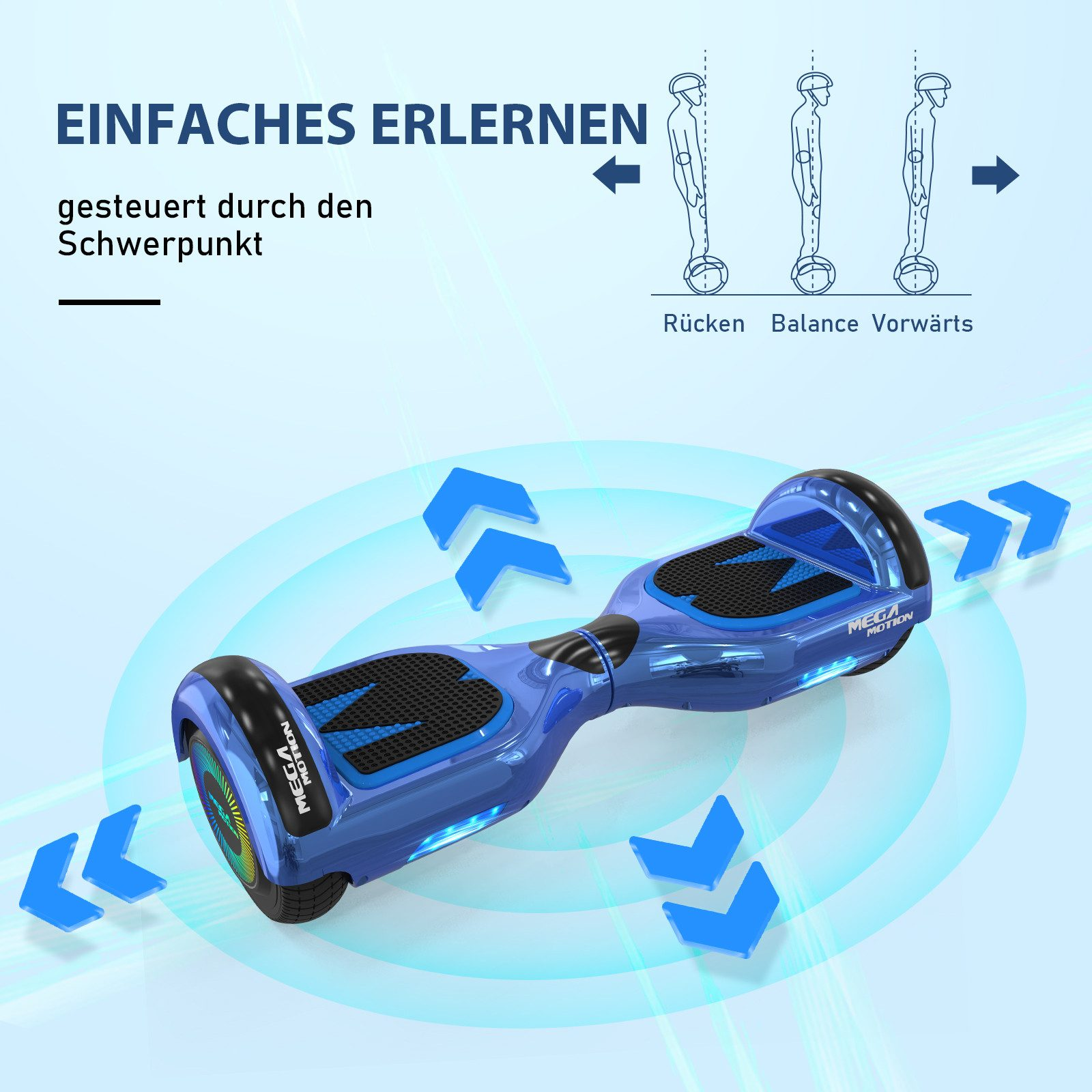 Blaues Hoverboard mit Pfeilen, die Gleichgewicht und Vorwärtsbewegung anzeigen. Text auf Deutsch: Einfaches Erlernen.