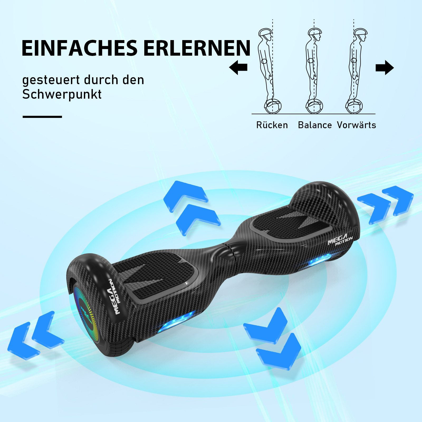 Schwarzes Hoverboard mit Richtungspfeilen. Der Text ist auf Deutsch und zeigt, wie man sich ausbalanciert.