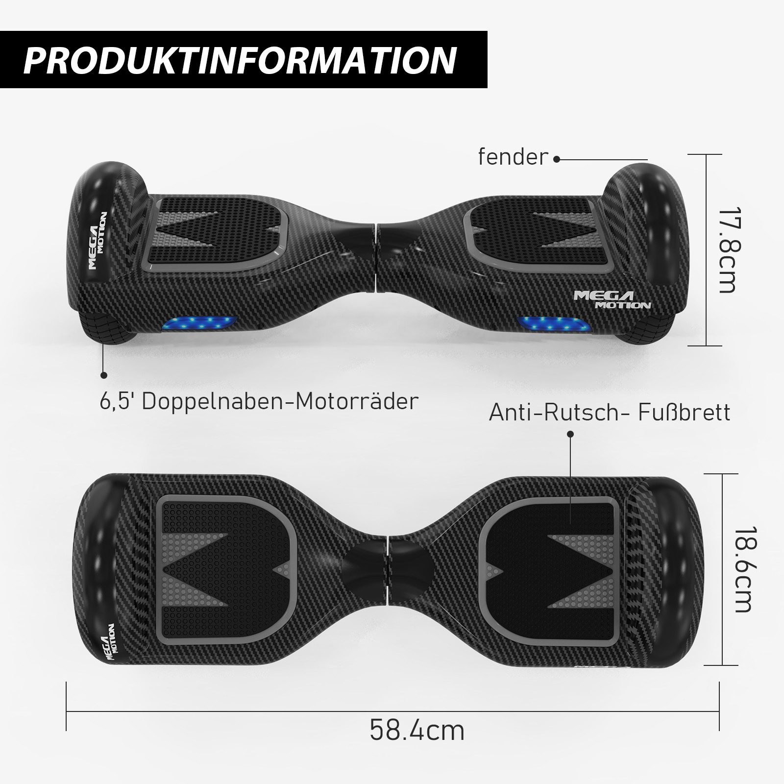 Schwarzes Hoverboard mit Abmessungen. Das Board hat eine Carbonfaser-Optik.