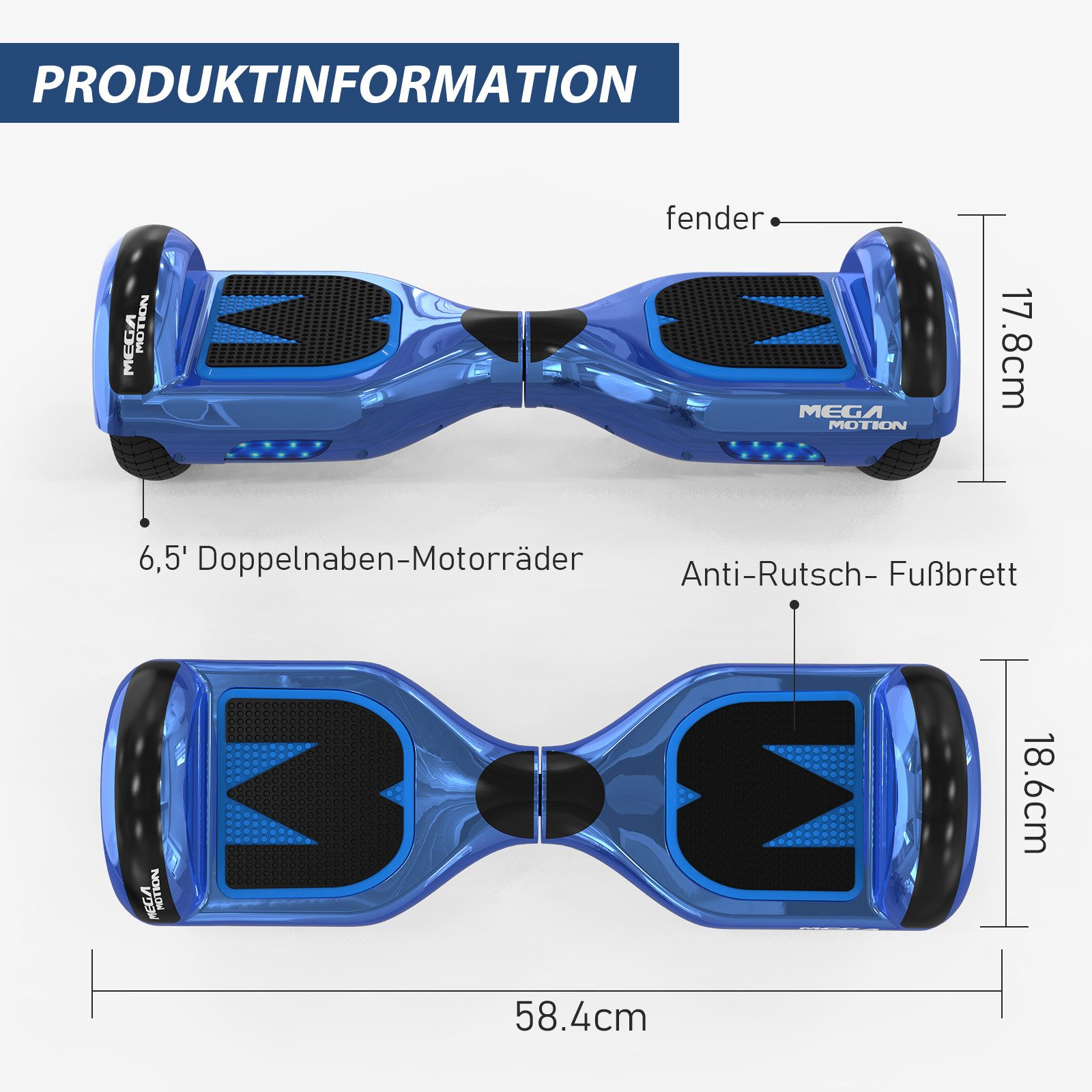 Blaues Hoverboard mit Abmessungen und Text auf Deutsch. Draufsicht und Unteransicht werden gezeigt.