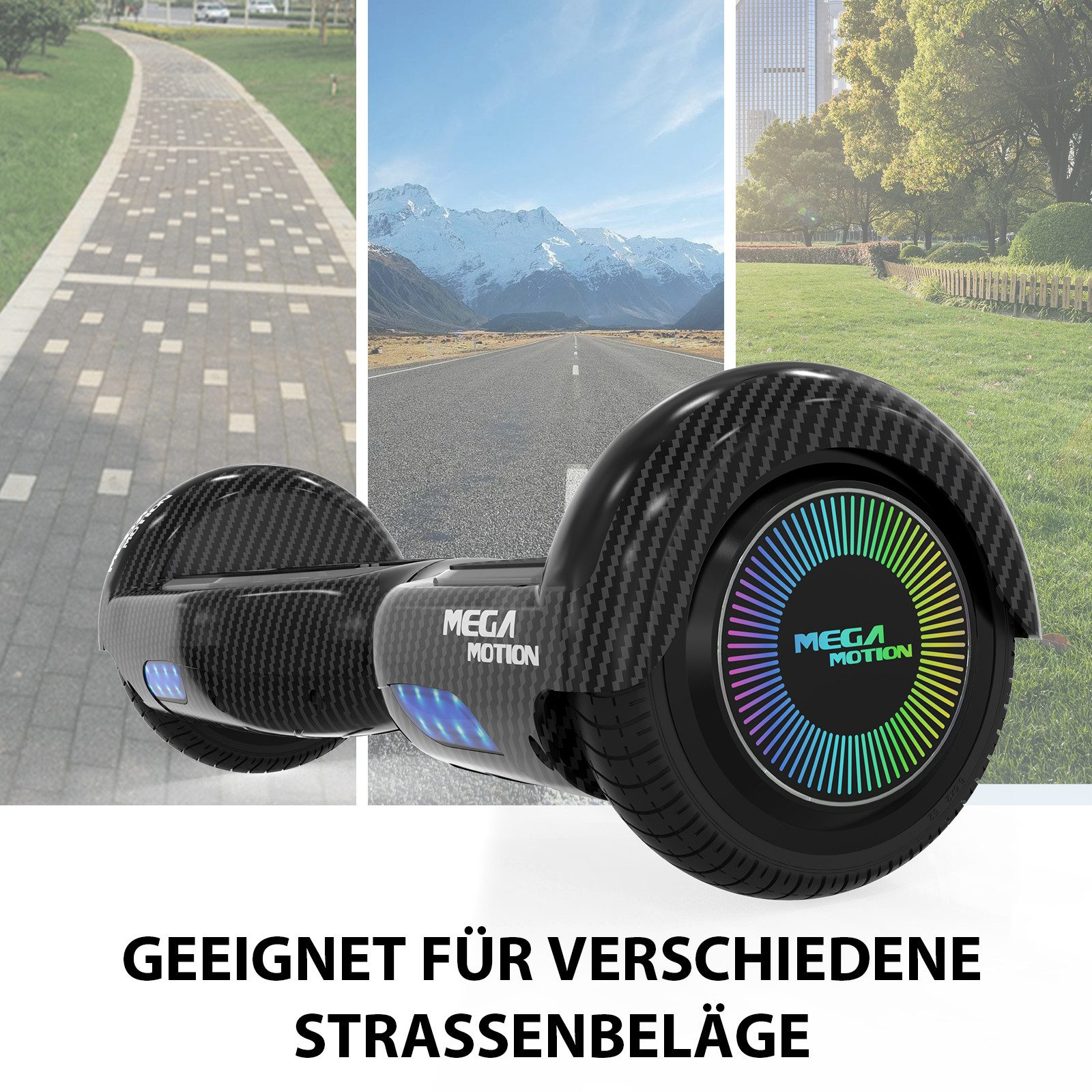 Hoverboard mit Carbonfaser-Design. Bilder von Straße, Park und Berg im Hintergrund.
