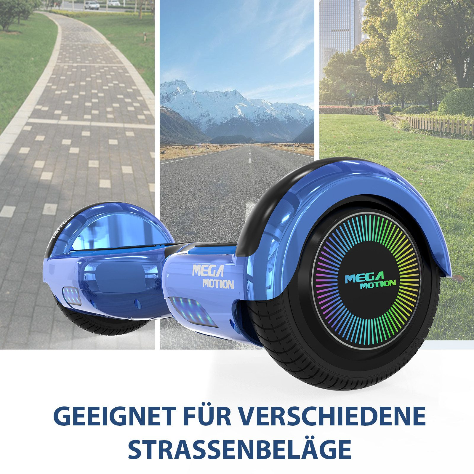 Blaues Hoverboard vor Pflaster-, Gras- und Straßenhintergründen. Text: Geeignet für verschiedene Straßenbeläge.