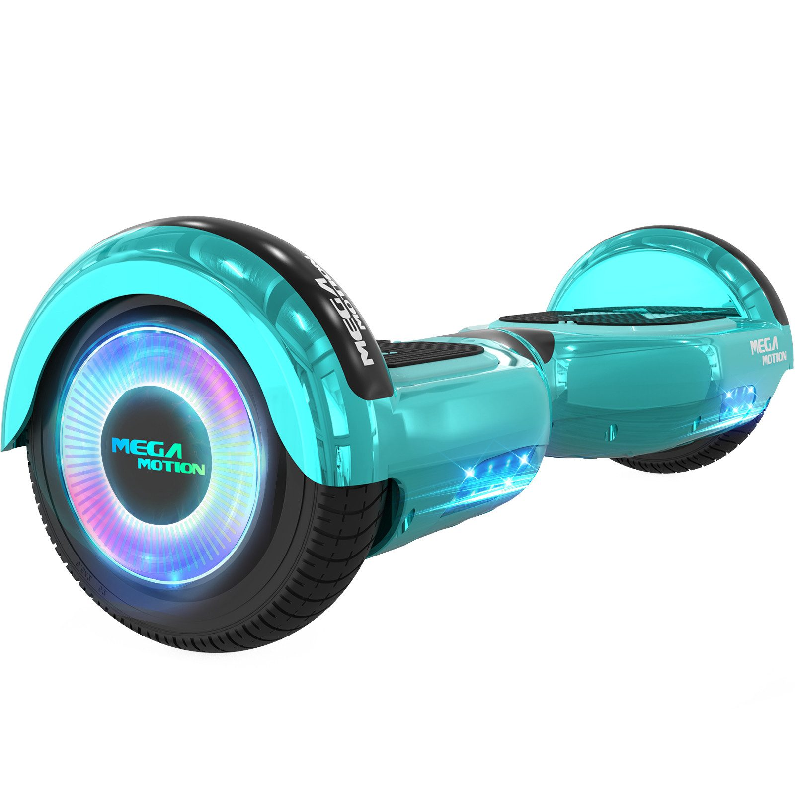 Blaues Hoverboard mit schwarzen Rädern und Lichtern. Mit dem Schriftzug "Mega Motion".