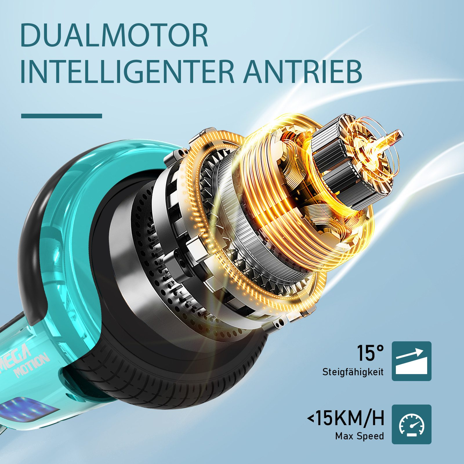 Nahaufnahme eines türkisblauen und schwarzen Elektroroller-Motors. Text zeigt Dualmotor und max. 15 km/h.