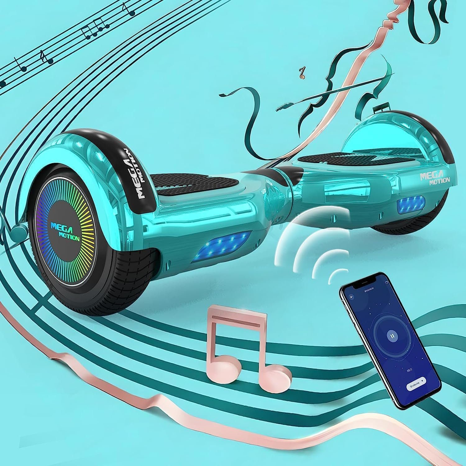 Türkisfarbenes Hoverboard mit Noten und einem Telefon mit Bedienfeld.
