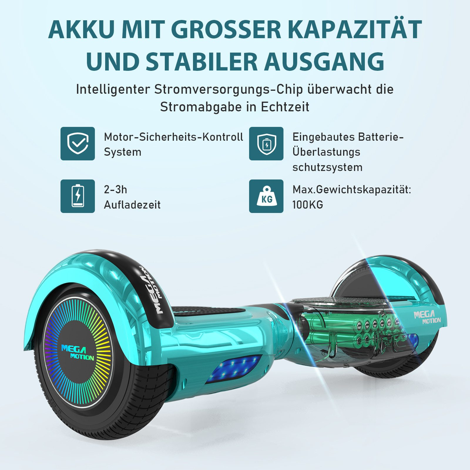 Türkisfarbenes Hoverboard mit Text und Symbolen. Räder mit farbigen Lichtern. Weißer Hintergrund.