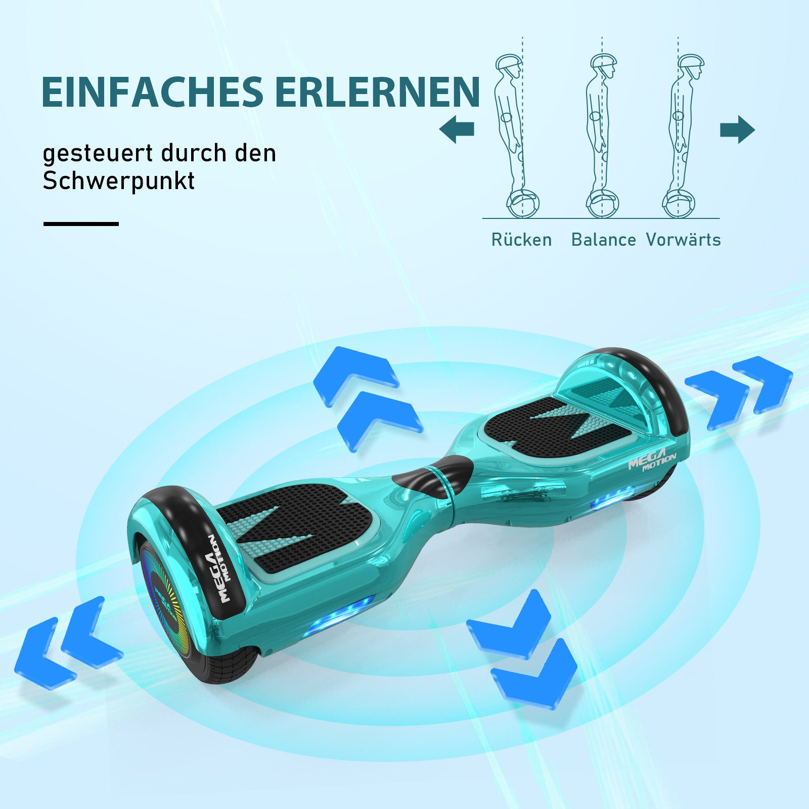 Ein türkisfarbenes Hoverboard mit Pfeilen, die Gleichgewicht und Richtung anzeigen.