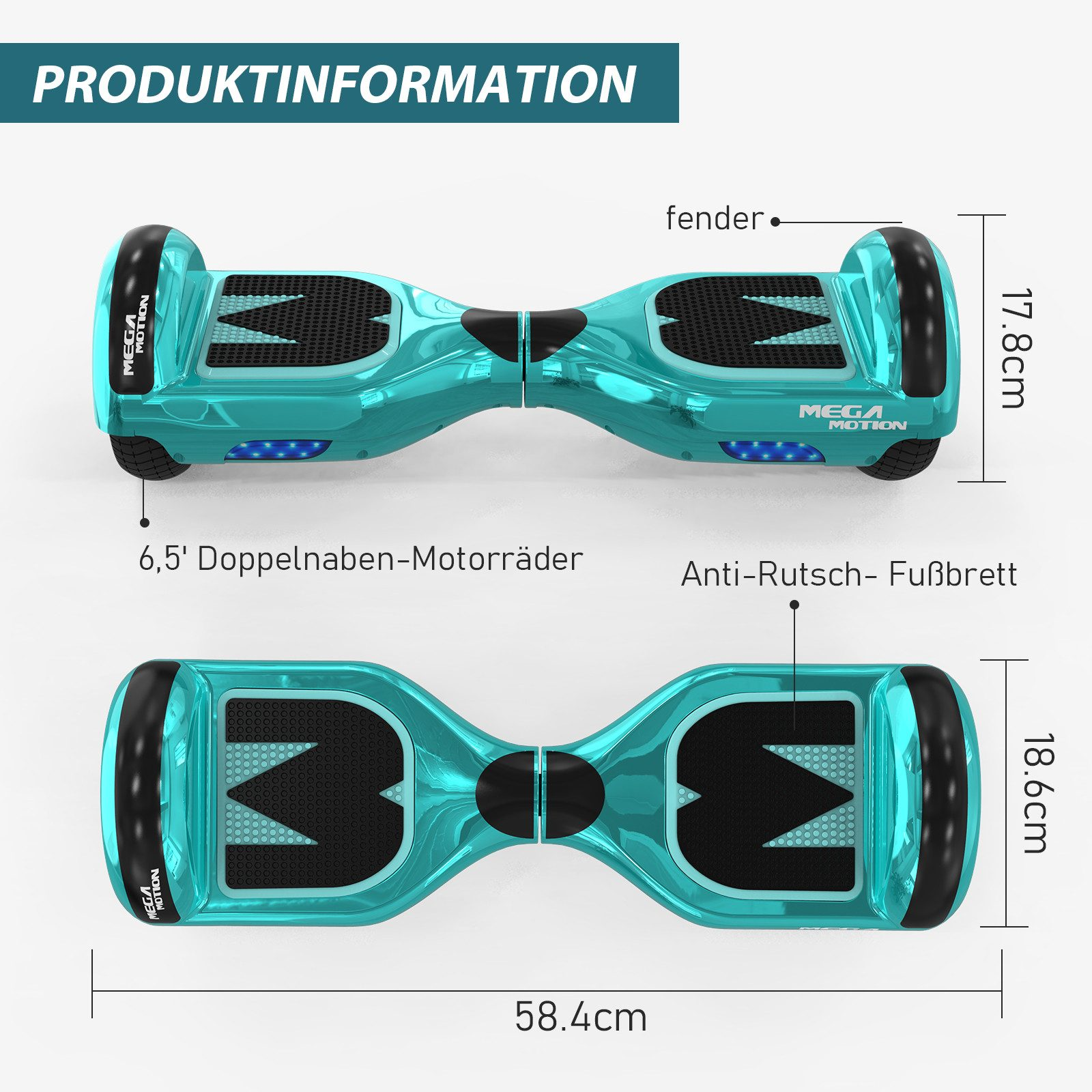 Ein türkisfarbenes Hoverboard. Draufsicht zeigt Abmessungen, mit Beschriftungen für Räder und Fußbrett. Schwarze Akzente.