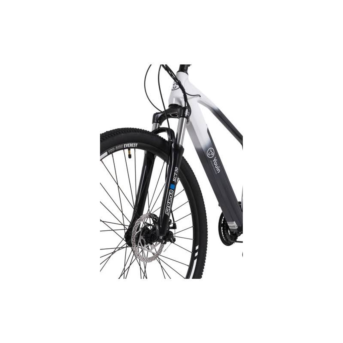 Czarno-biały rower. Przednie koło jest ostre. Nazwa marki to Youin.