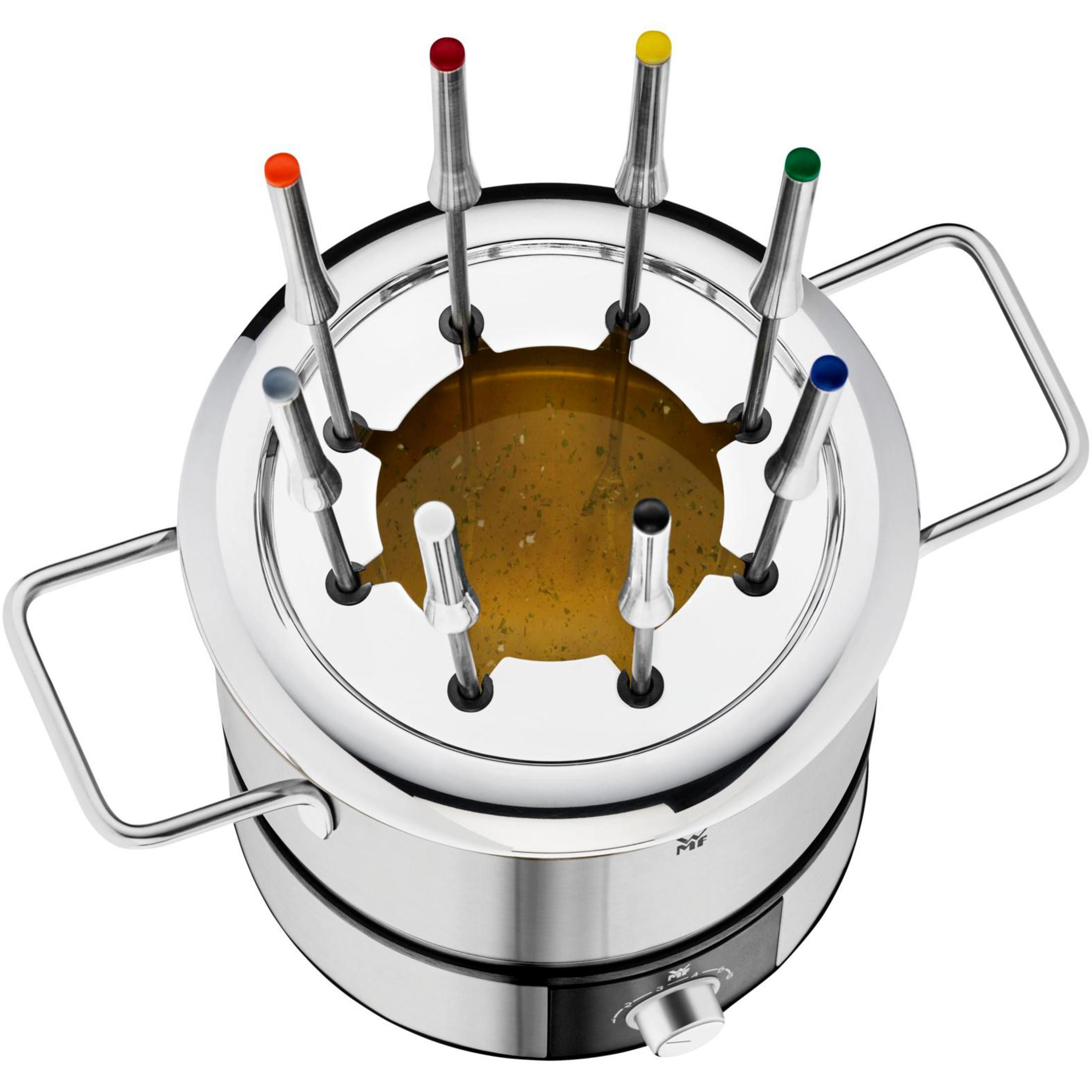 Garnek do fondue ze stali nierdzewnej z kolorowymi widelcami, widok z góry.