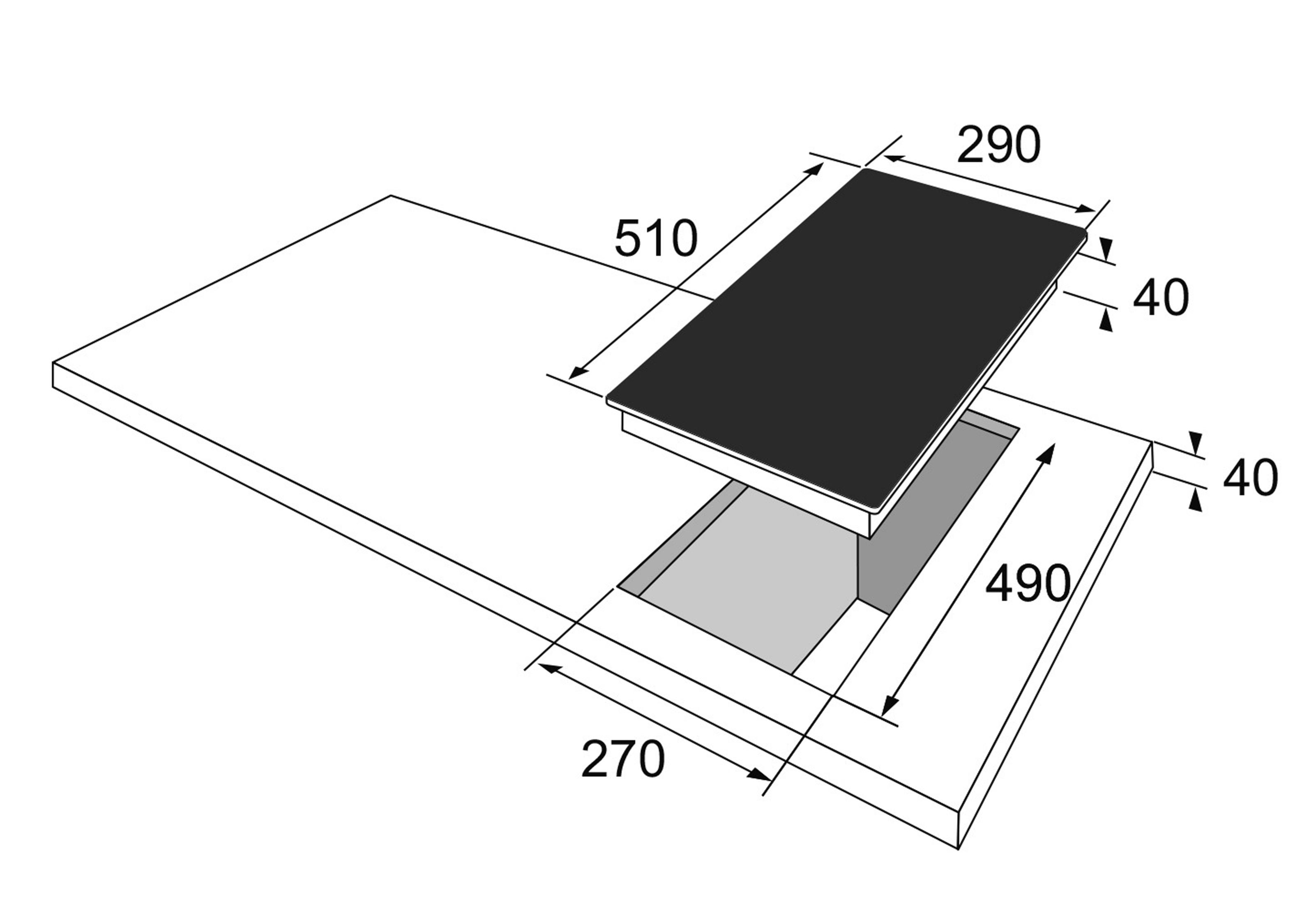 Schemat elektrycznej płyty grzejnej. Pokazuje wymiary i wycięcie płyty grzejnej.