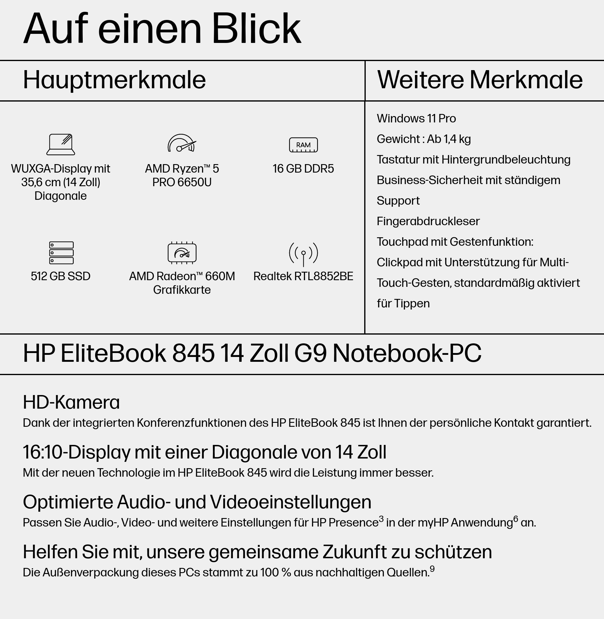 Specyfikacje laptopa HP: wyświetlacz, procesor, pamięć RAM, pamięć masowa i inne funkcje są wymienione.