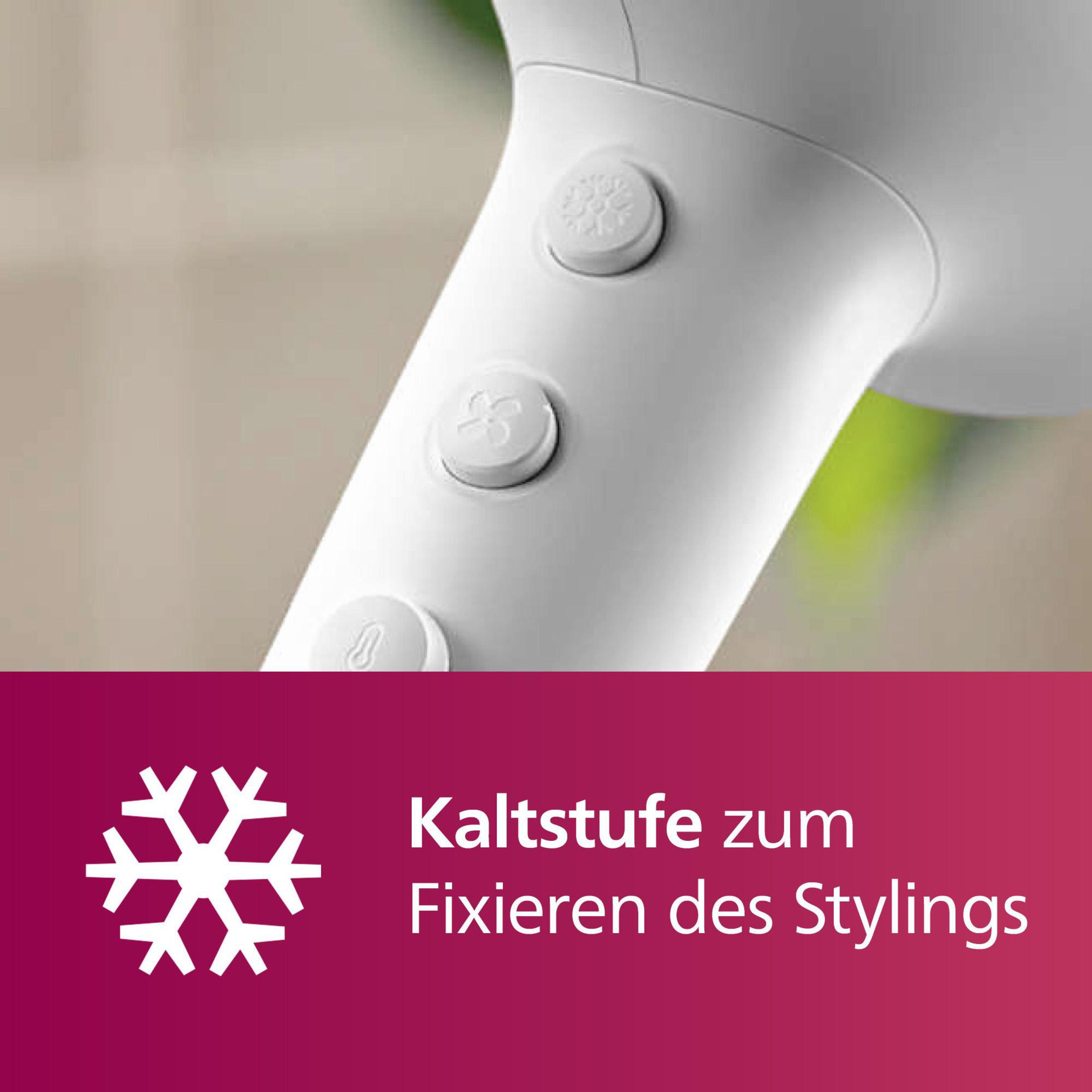 Biała suszarka do włosów z trzema przyciskami. Ikona płatka śniegu wskazuje zimno.