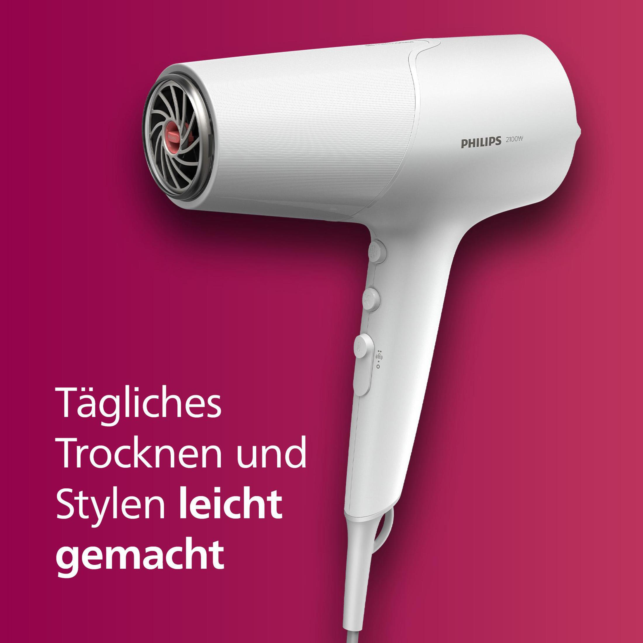 Biała suszarka do włosów Philips z tekstem opisującym codzienne suszenie.