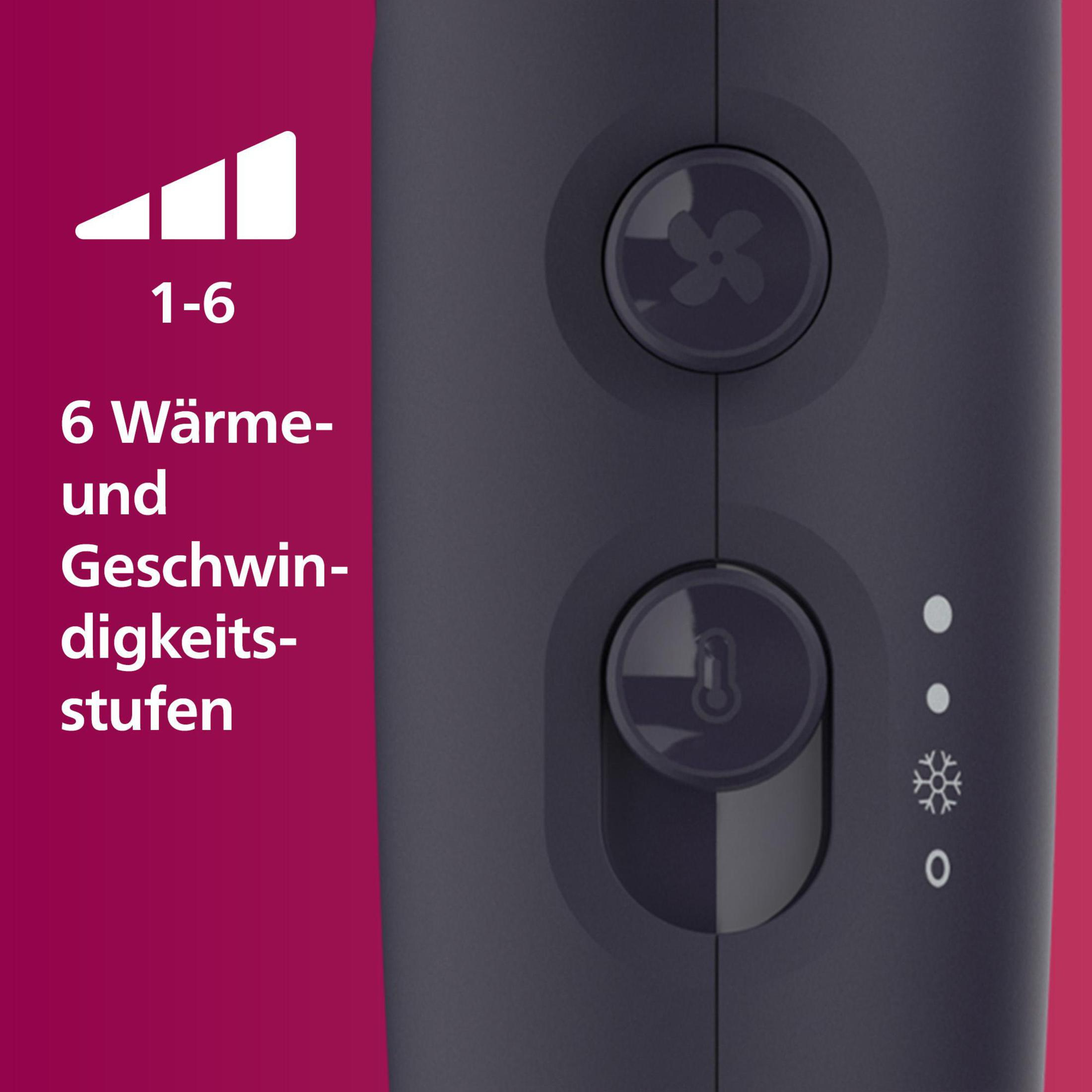 Zbliżenie elementów sterujących suszarki do włosów: zasilanie, prędkość wentylatora i ustawienia ciepła wyświetlane na ciemnym panelu.