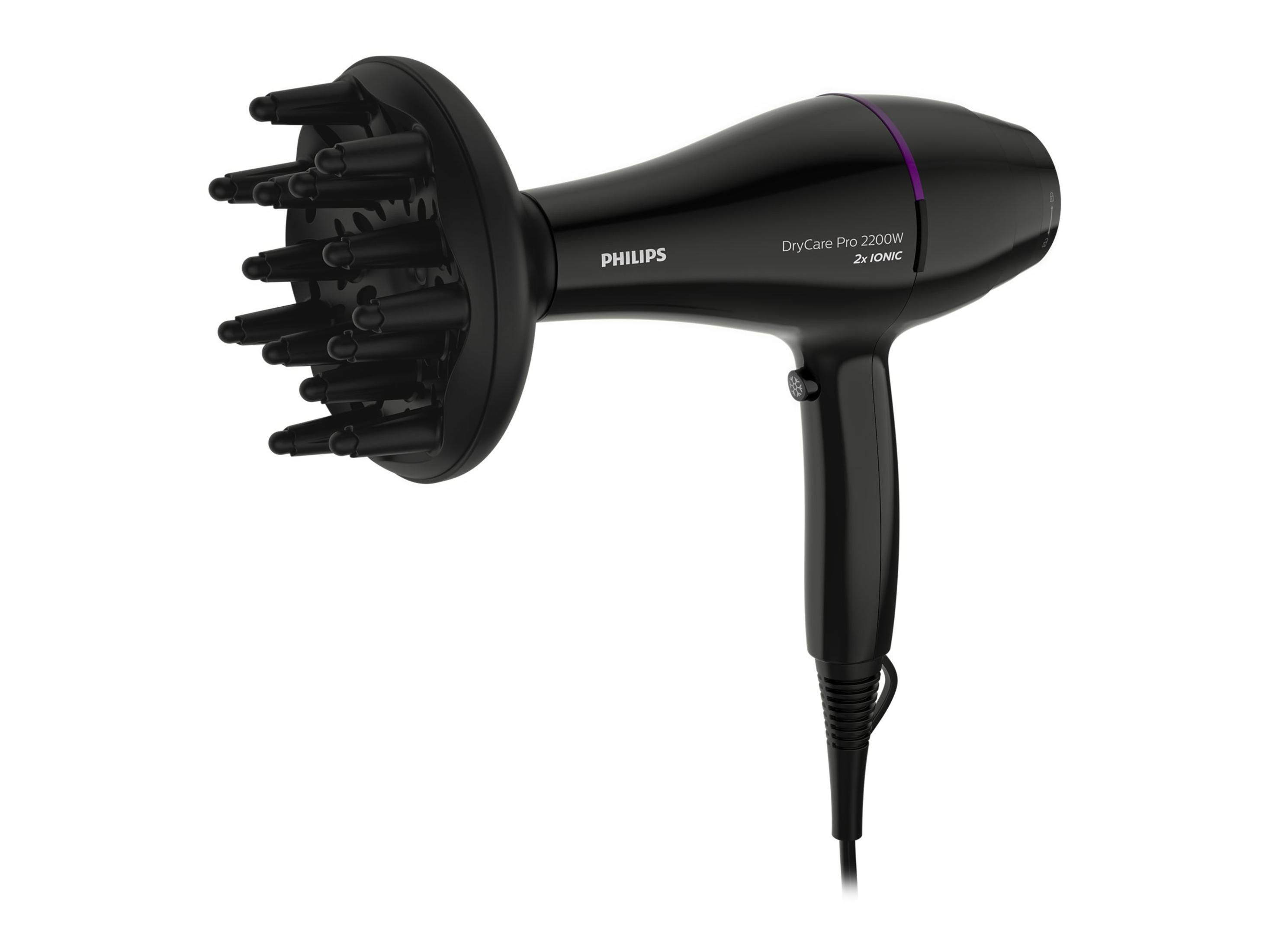 Zwarte Philips haardroger met een diffuser opzetstuk. Het heeft een handvat en een mondstuk voor luchtstroom.