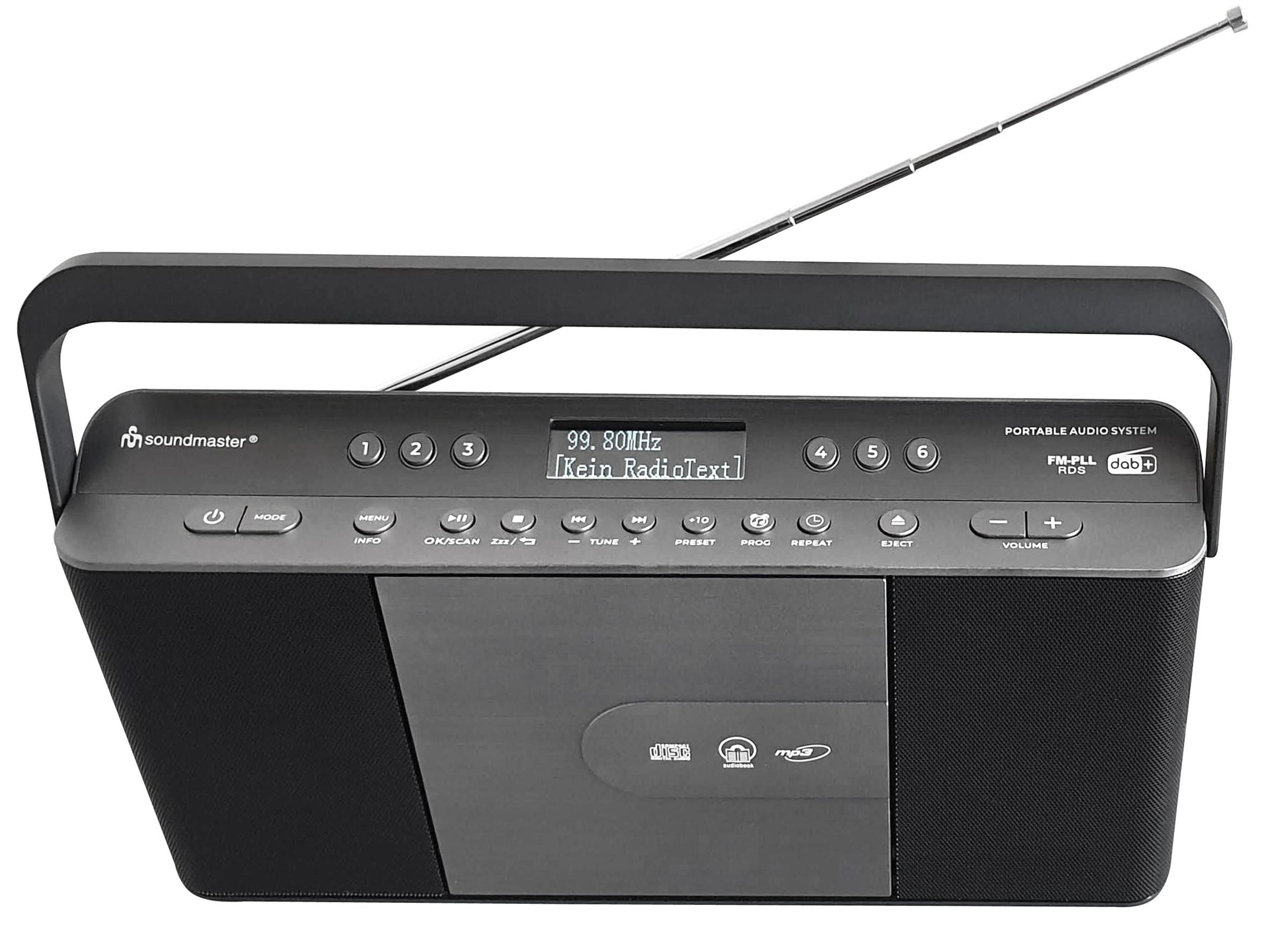 Schwarzes Radio mit Knöpfen, Bildschirm und Antenne. Das Radio steht vor weißem Hintergrund.