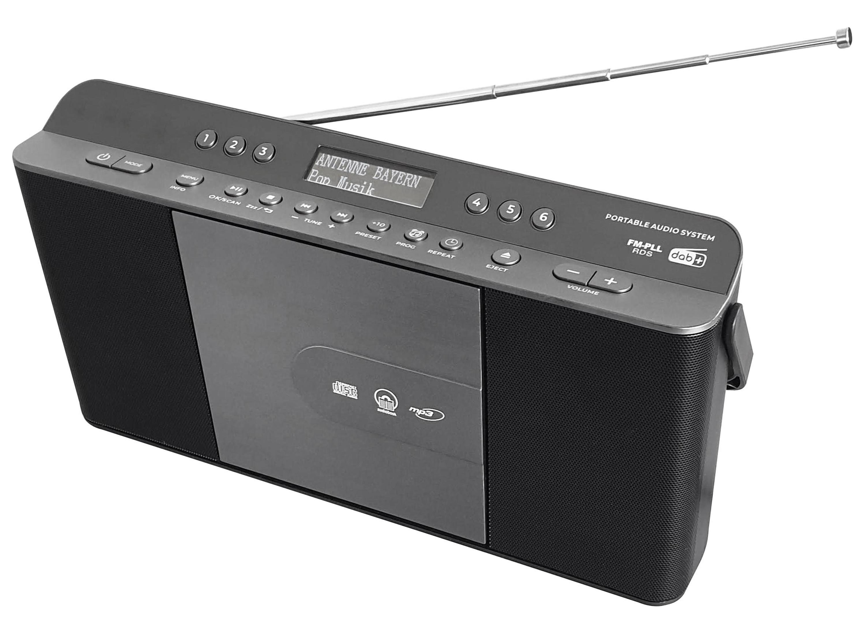 Schwarzes und silbernes tragbares Audiosystem mit Knöpfen und Antenne.
