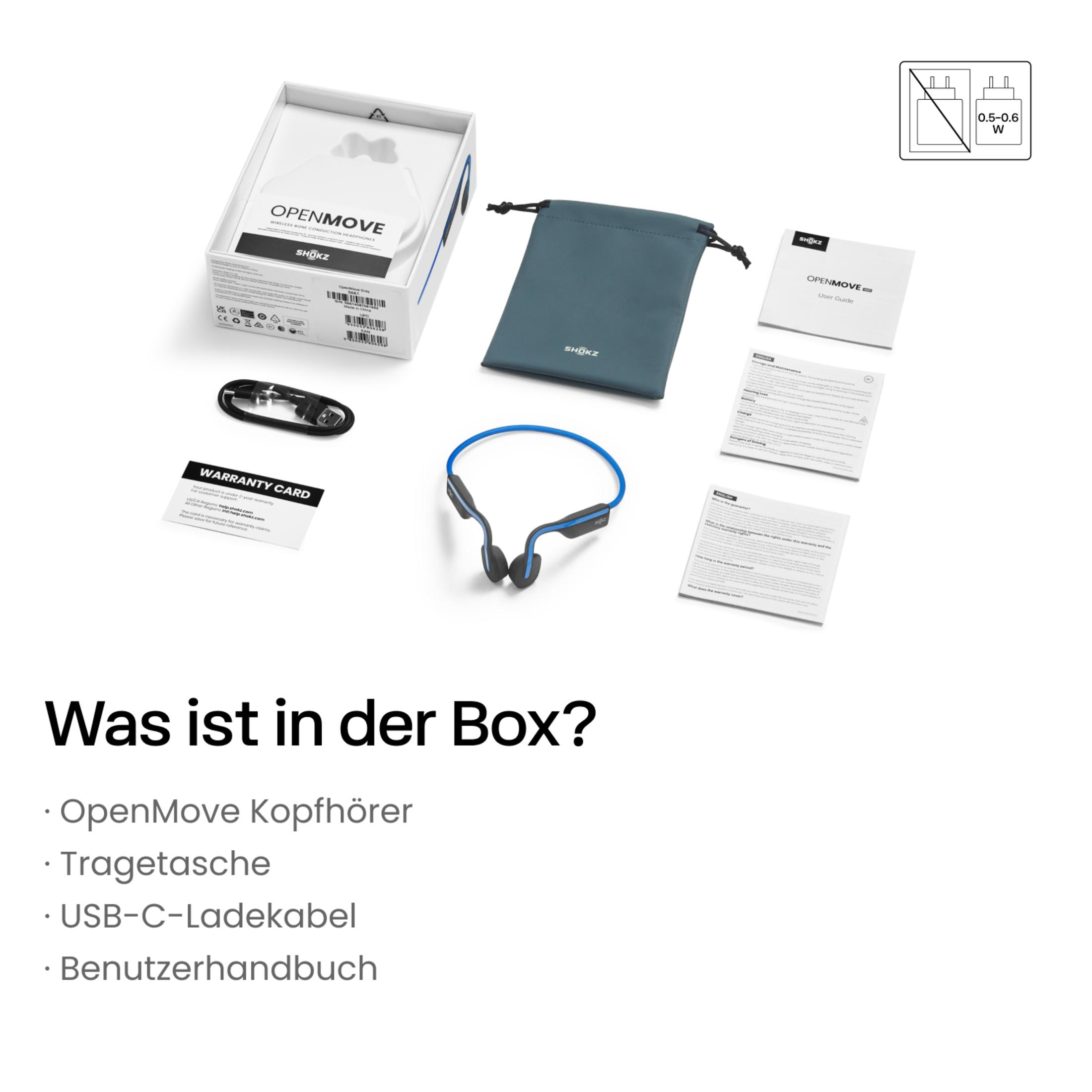 OpenMove Kopfhörer und Zubehör, einschließlich Tragetasche, USB-Kabel und Benutzerhandbuch, auf weißer Oberfläche.