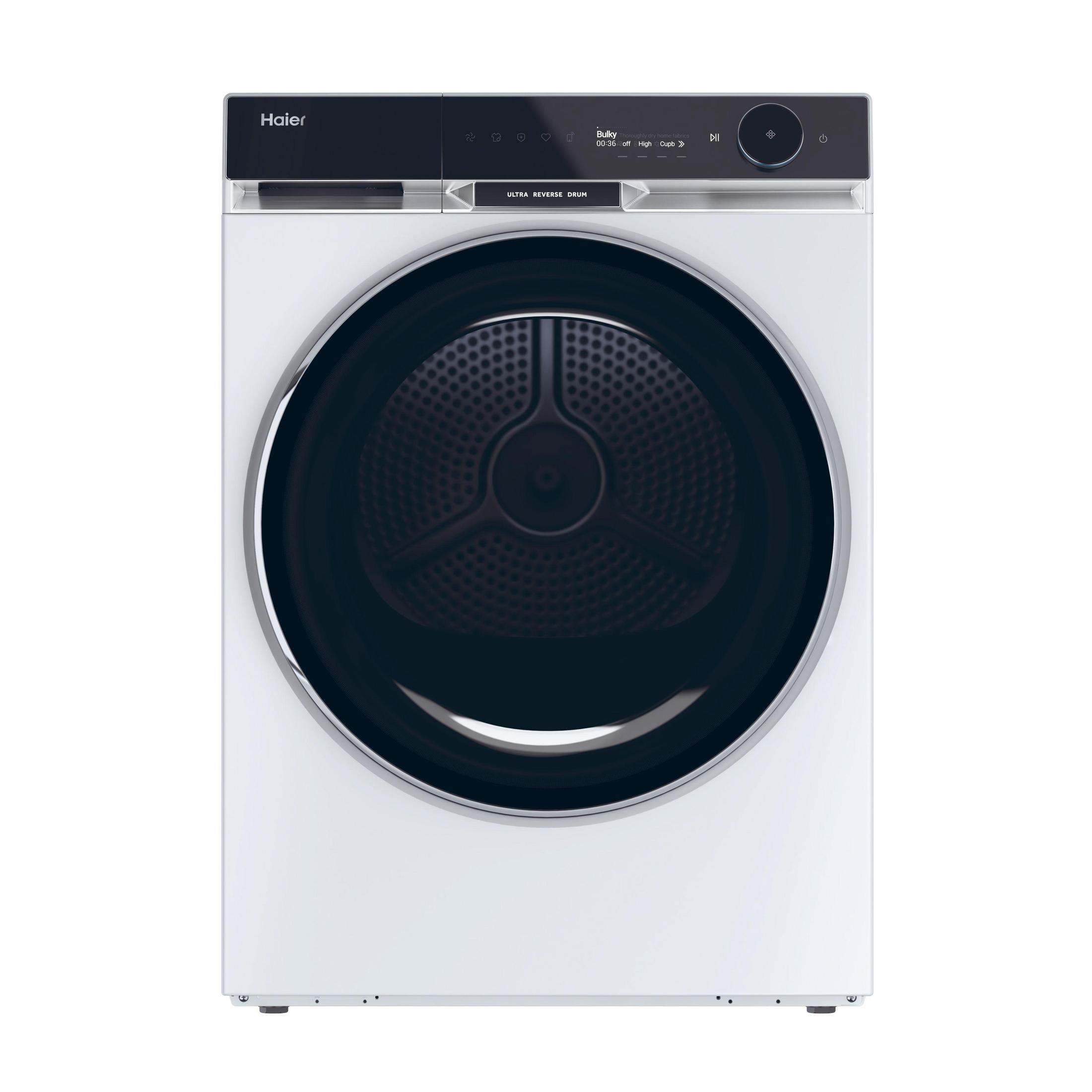 Un'asciugatrice Haier bianca con pannello superiore nero e porta rotonda. Ha un display digitale. Bianco.