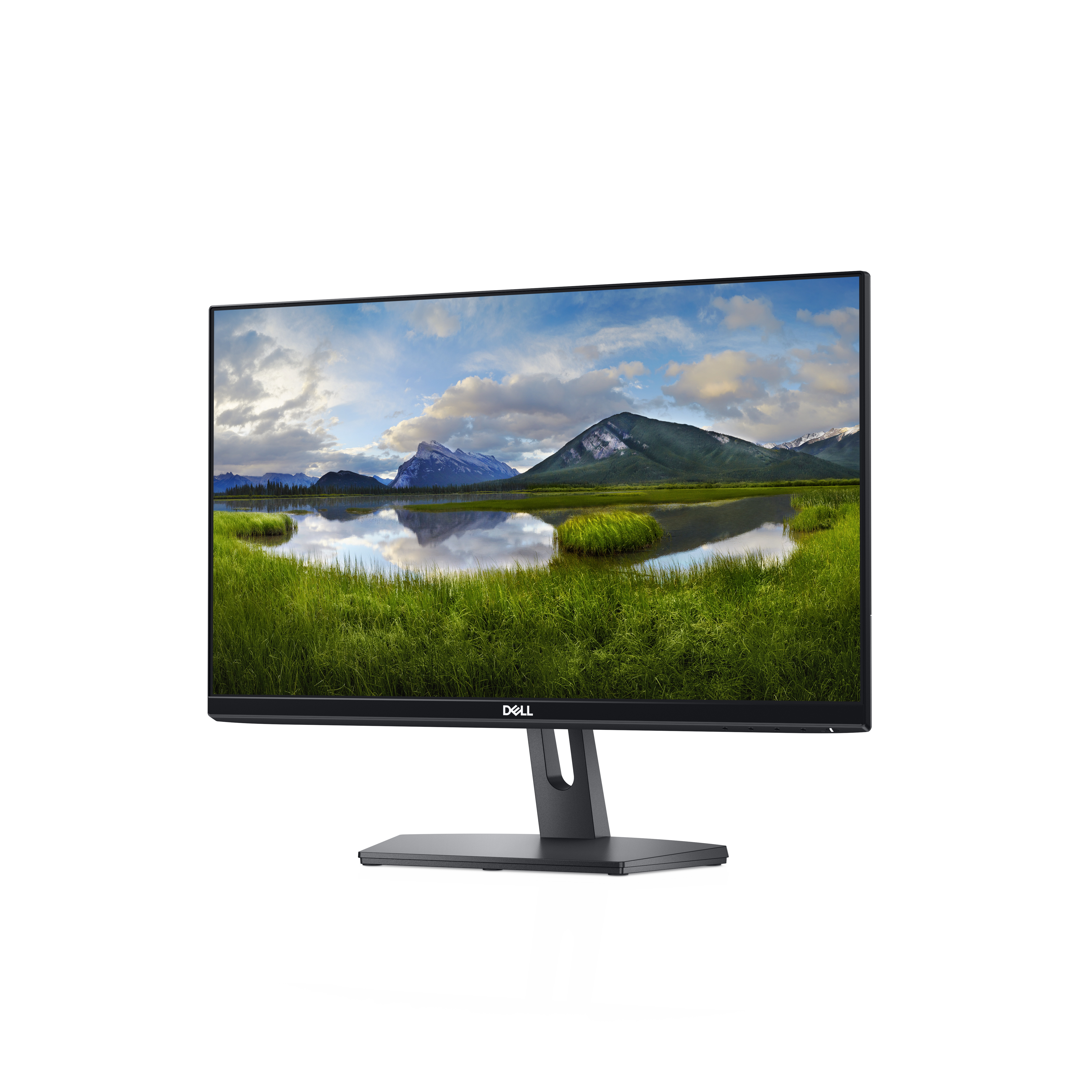 Ein Dell-Monitor zeigt eine Landschaftsszene mit See, Bergen und grünem Gras unter blauem Himmel.