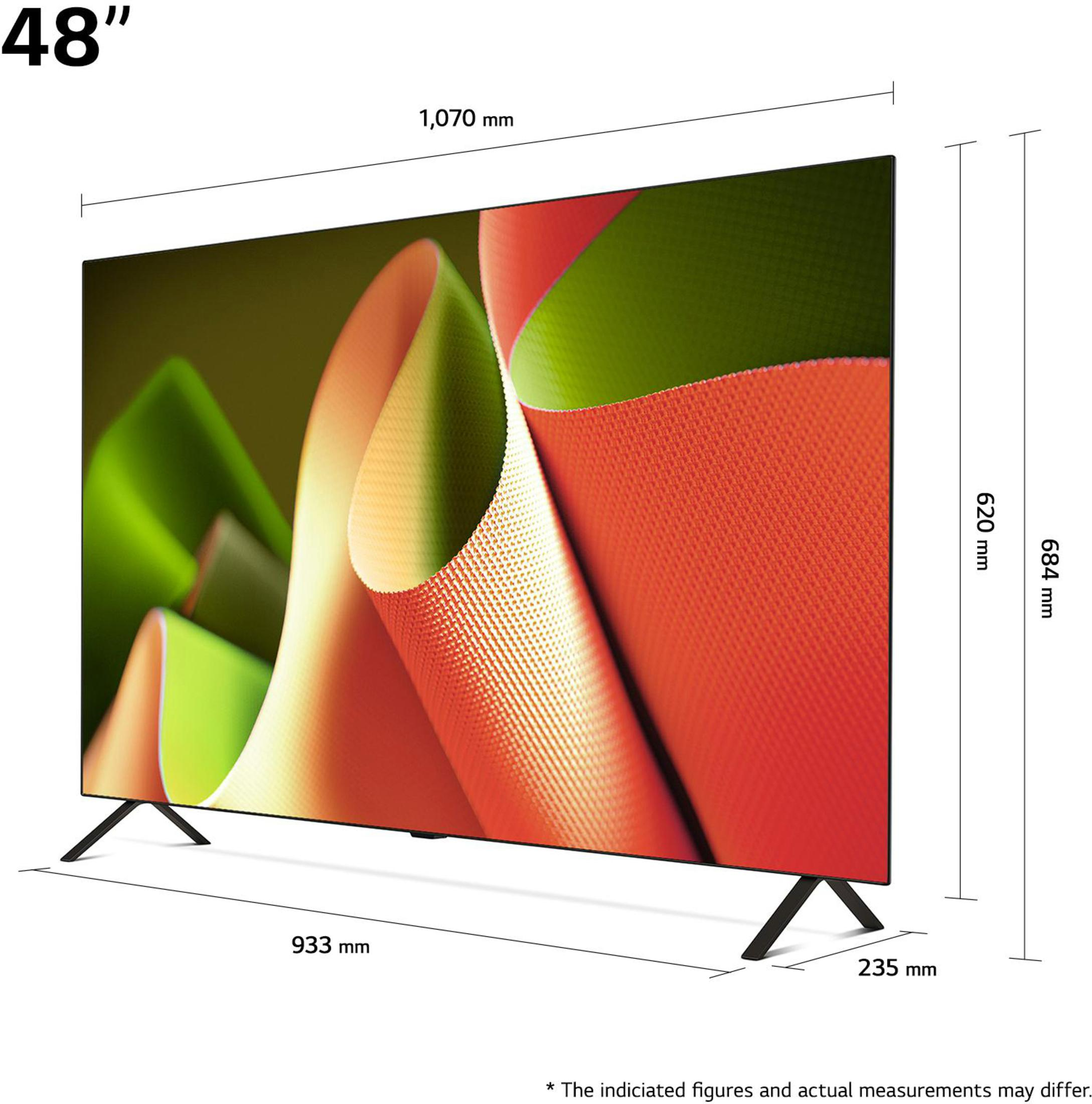 48-Zoll-Fernseher, der ein farbenfrohes abstraktes Bild anzeigt. Maße und Abmessungen werden angezeigt.