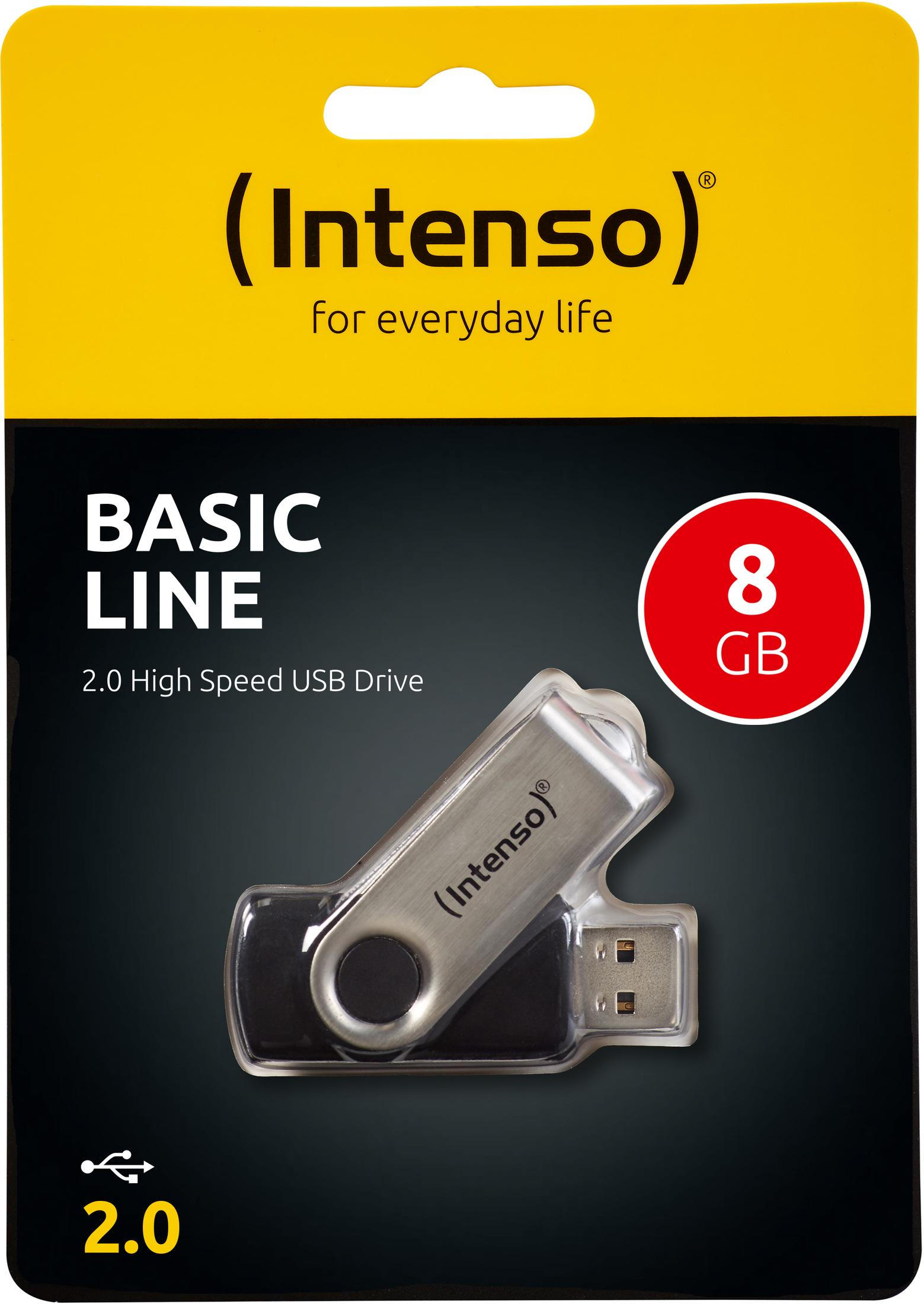 Een USB-stick verpakt in een geel-zwarte blisterverpakking. De stick is zilver en zwart.