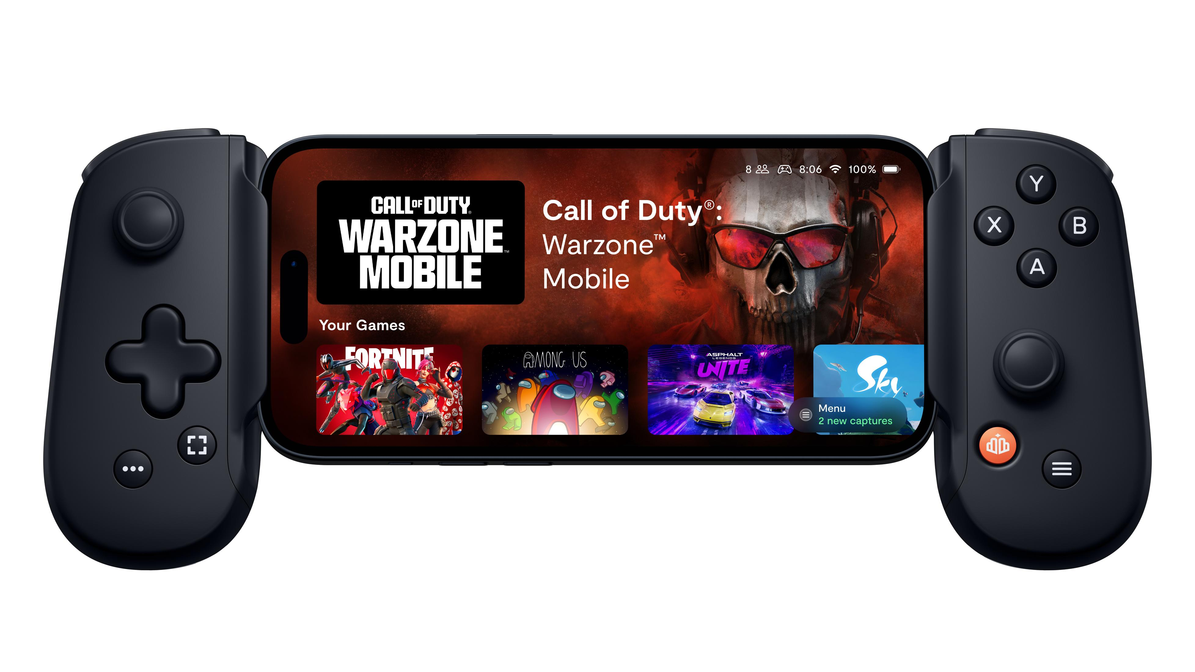 Smartphone, das mit einem Gaming-Controller verbunden ist. Der Bildschirm zeigt das Call of Duty Spiel.